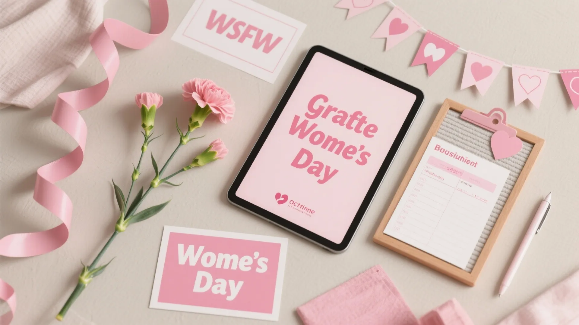 Pink themed office desk setup with tablet flowers ribbon notes and clipboard for womens day celebration
