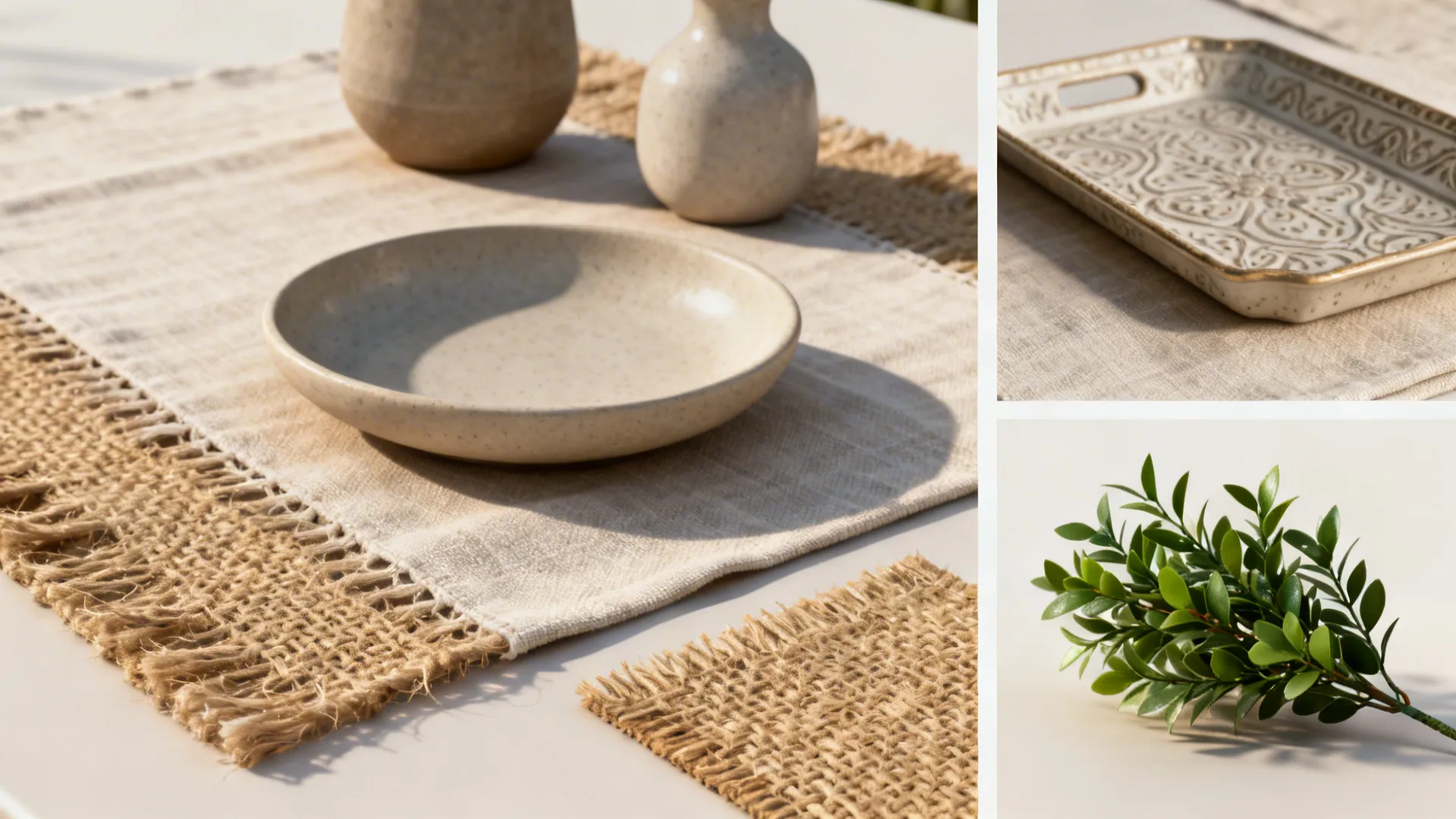 Collage of low-profile vases, linen placemats, a runner sample, a tray and faux greenery for dining table decor FAQs.