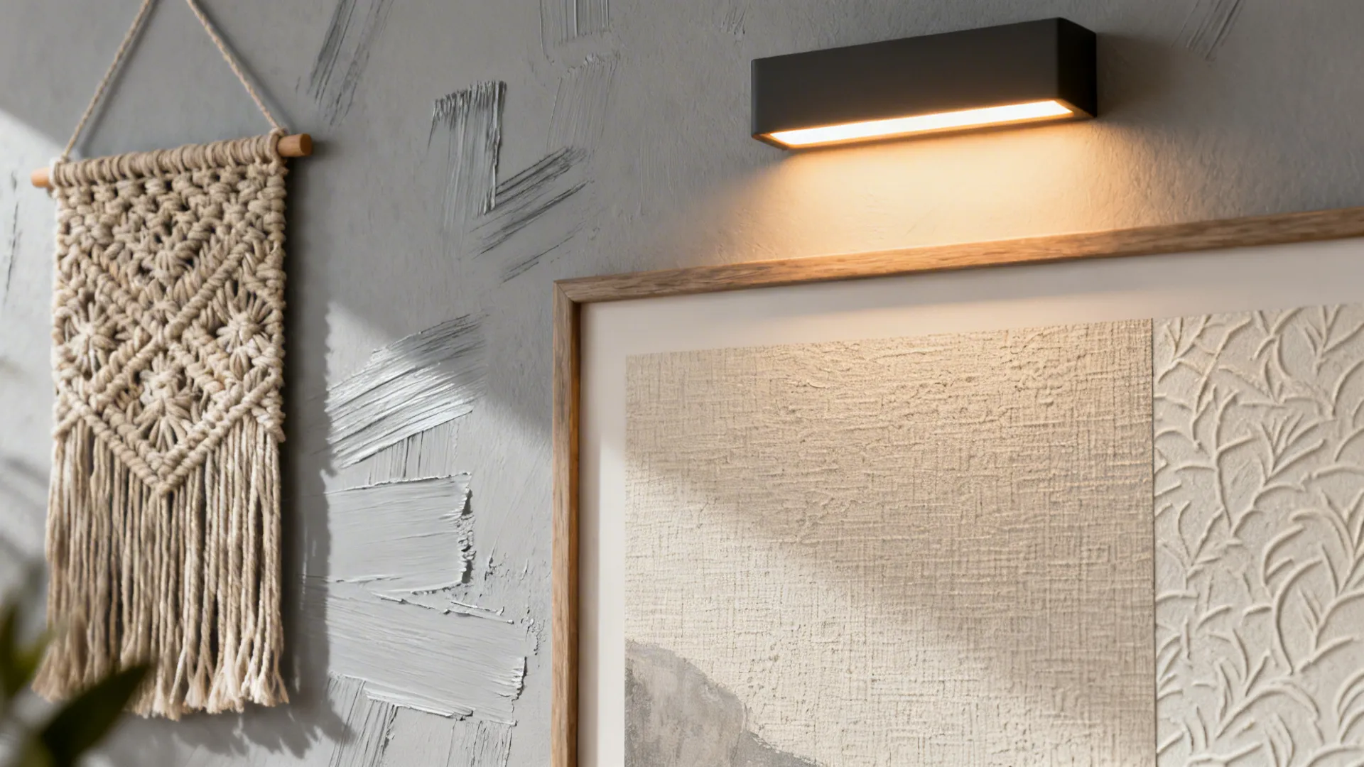 Close-up collage of wall color, woven hanging, LED picture light and peel-and-stick wallpaper samples.