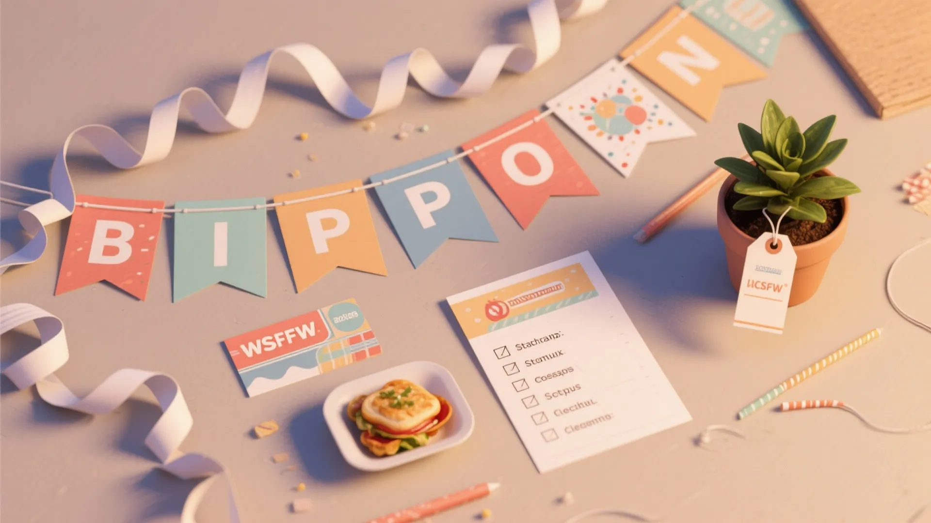 Table with party banner small plant food plate checklist card and white ribbon for decoration