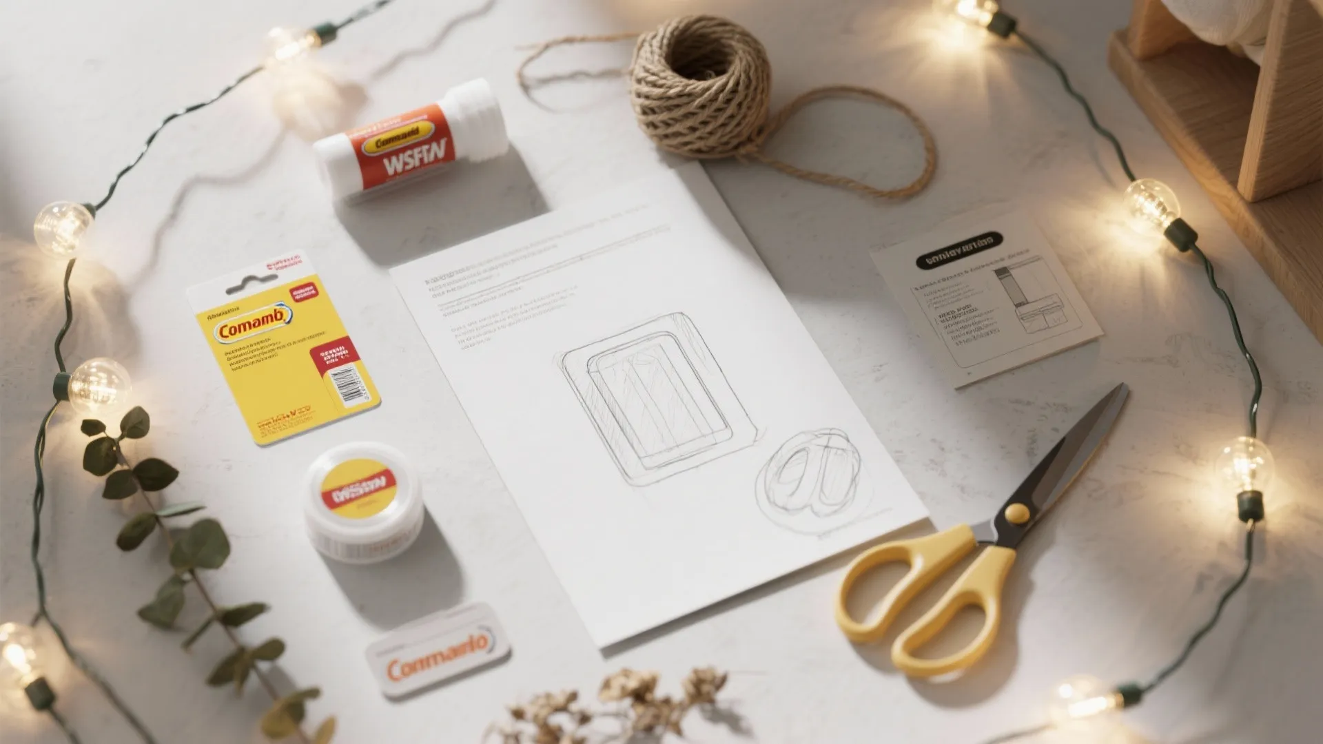 DIY home decor materials with scissors twine glue stick sketch and warm glowing string lights
