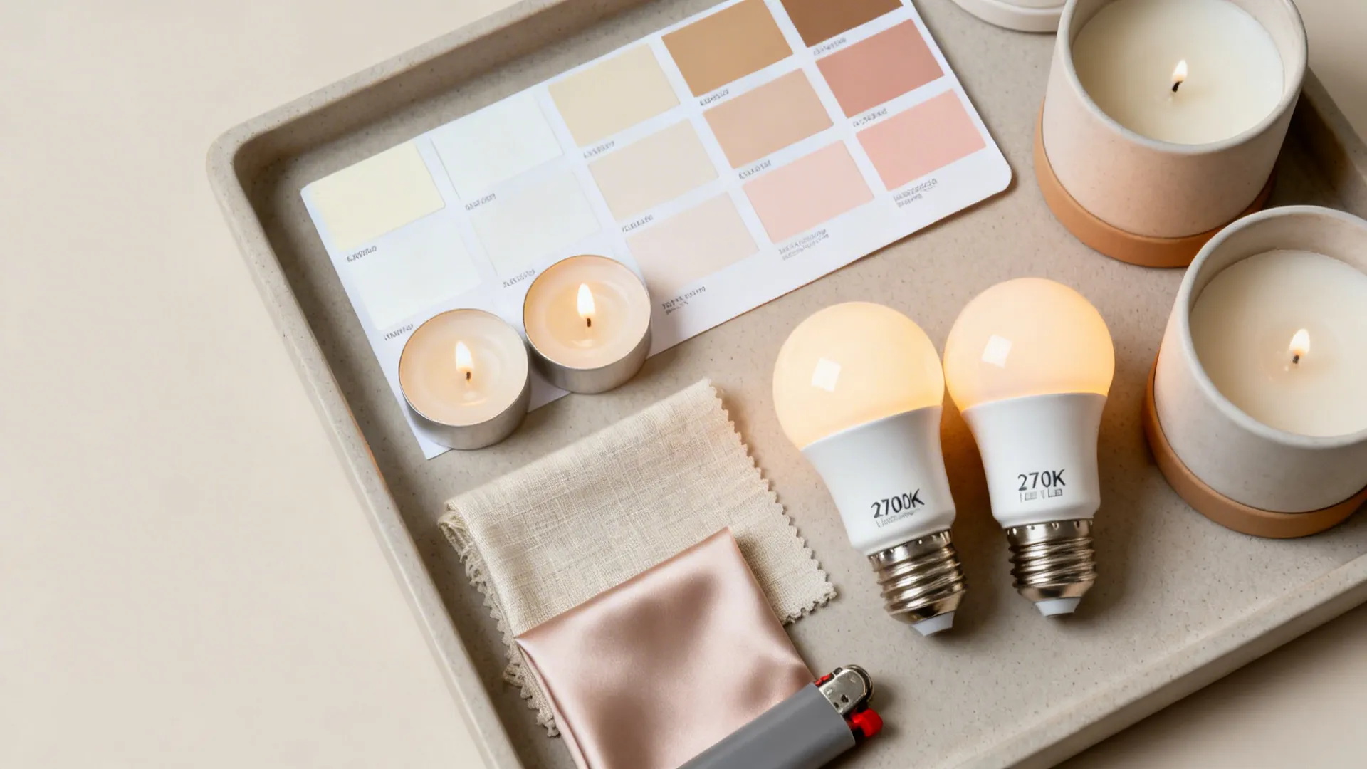 Interior design mood board featuring paint color swatches, fabric samples, small candles, and light bulbs