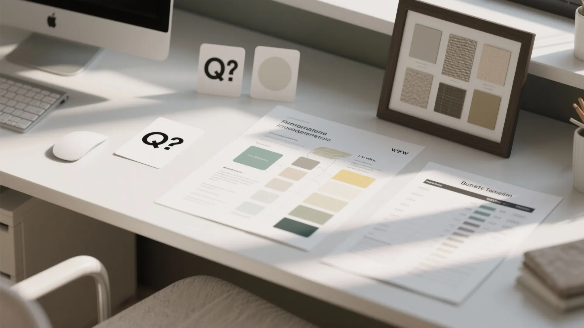 Interior design planning desk with color palettes papers computer mouse and framed fabric material samples