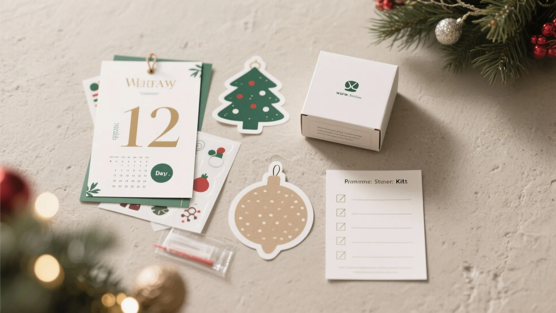 Christmas stationery kit with December calendar, tree cutout, paper ornament, small white box, and checklist