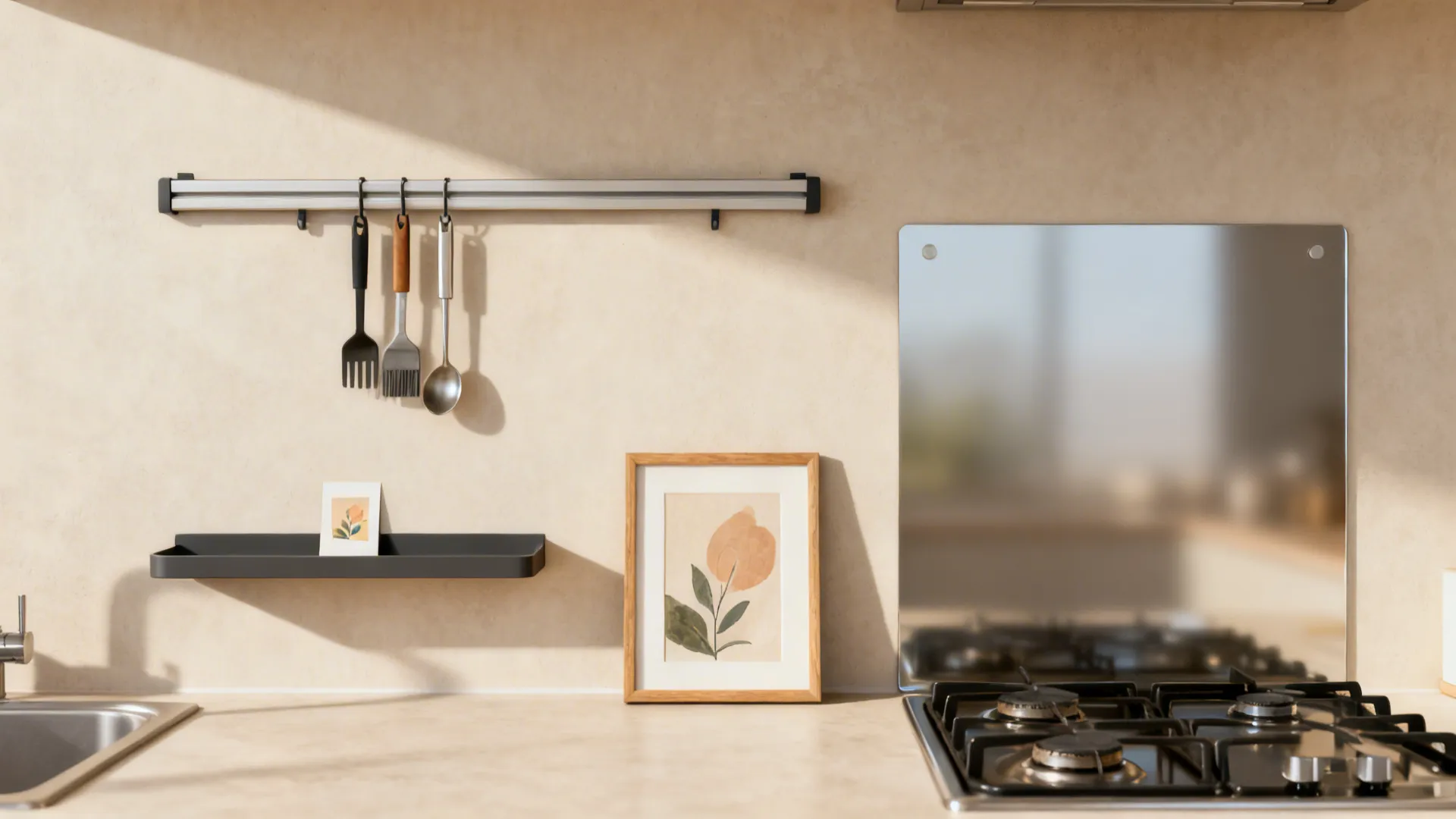 Compact set of rail, ledge, framed art, reflective slab, and renter-friendly mounts.