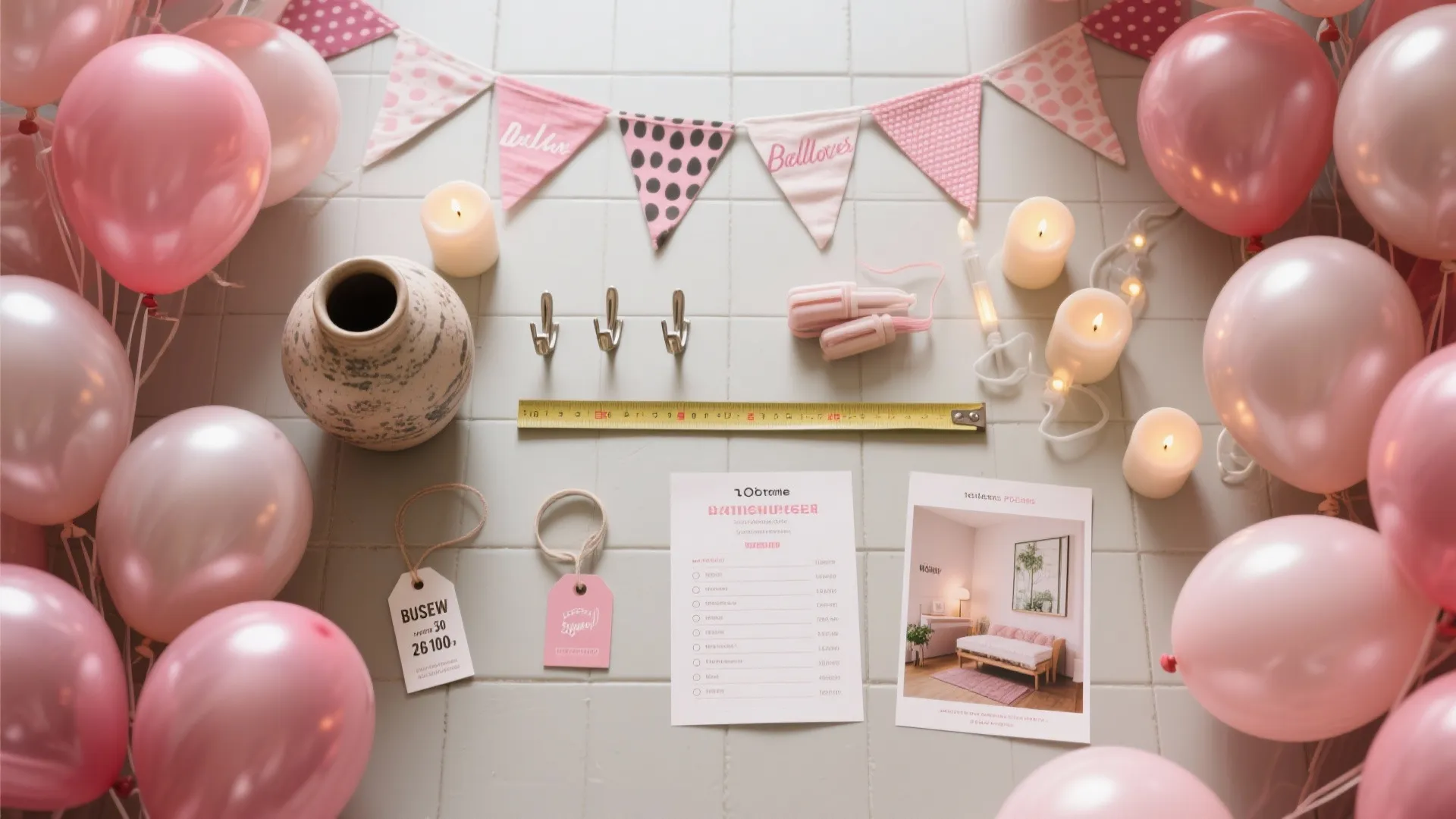 Party decoration planning flat lay with pink balloons candles bunting flags tape measure and checklists notes
