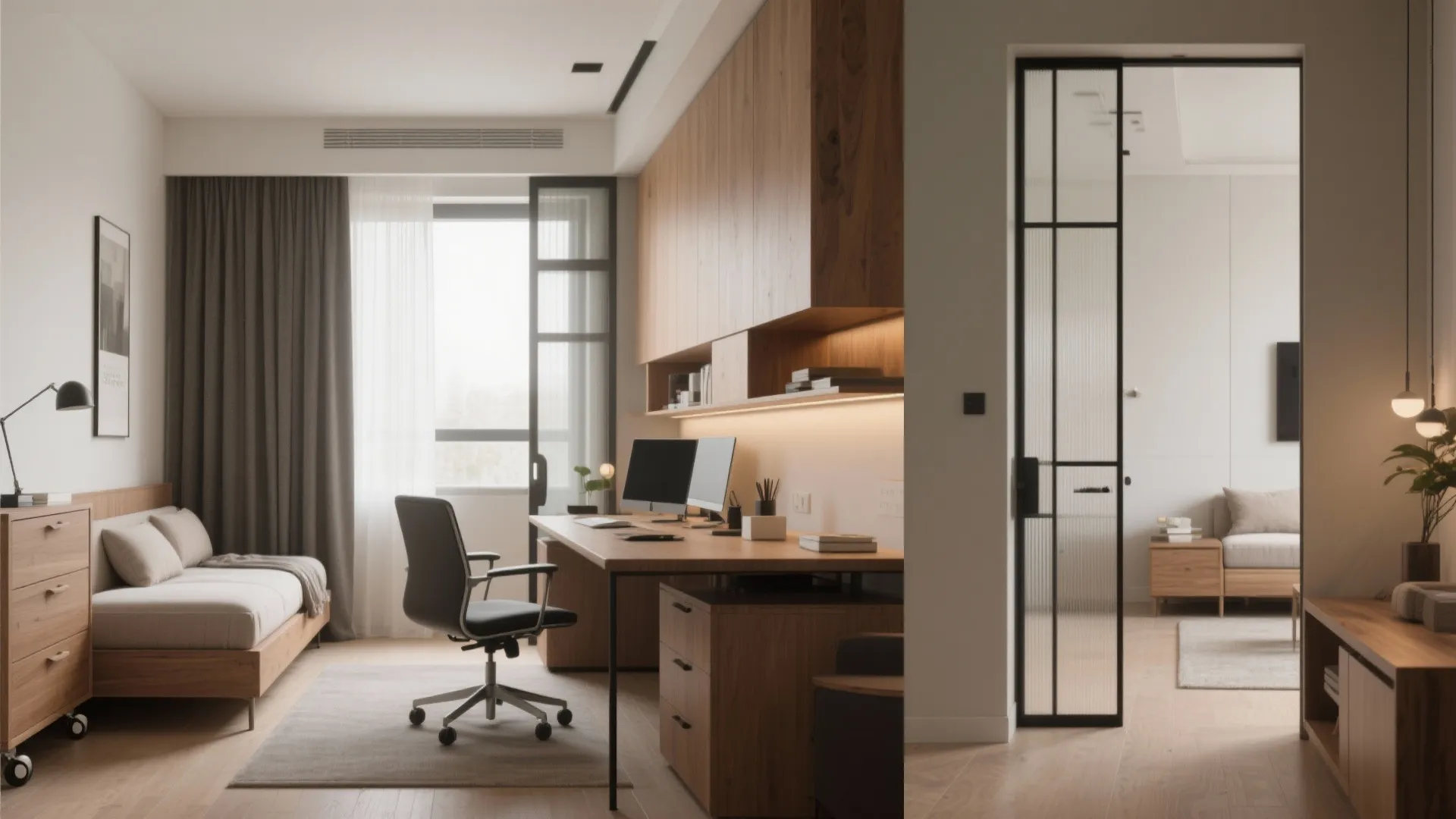 Modern home office with wooden desk computer chair sofa and glass door showing the room