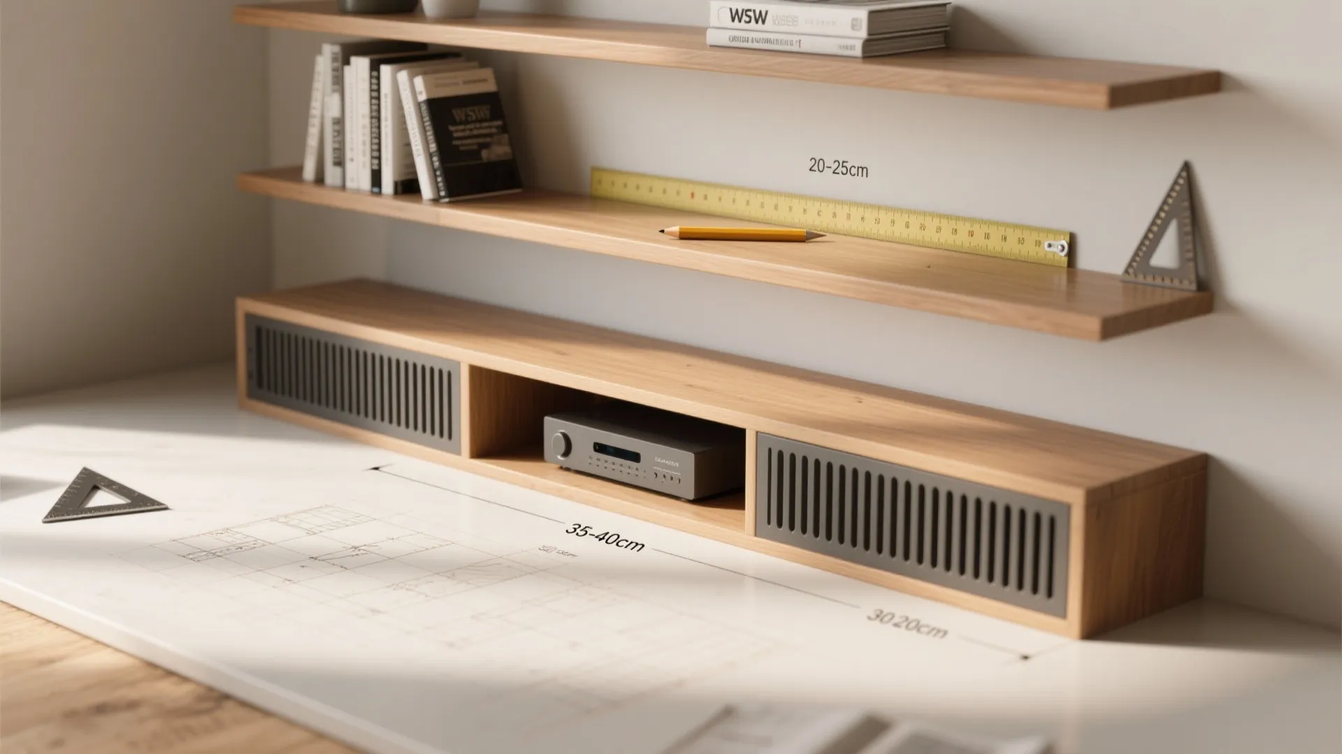 Technical interior design drawing showing shelf depth measurements with a yellow ruler and pencil tools