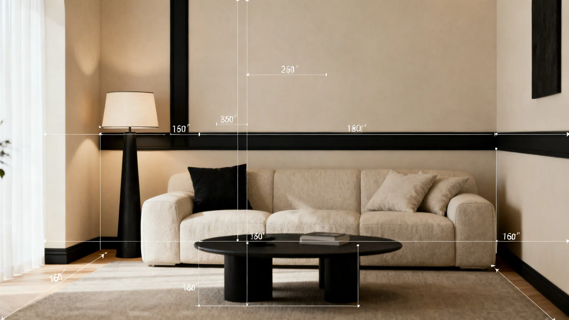 Small living room with annotated callouts showing where to place black accents and measurement sightlines.