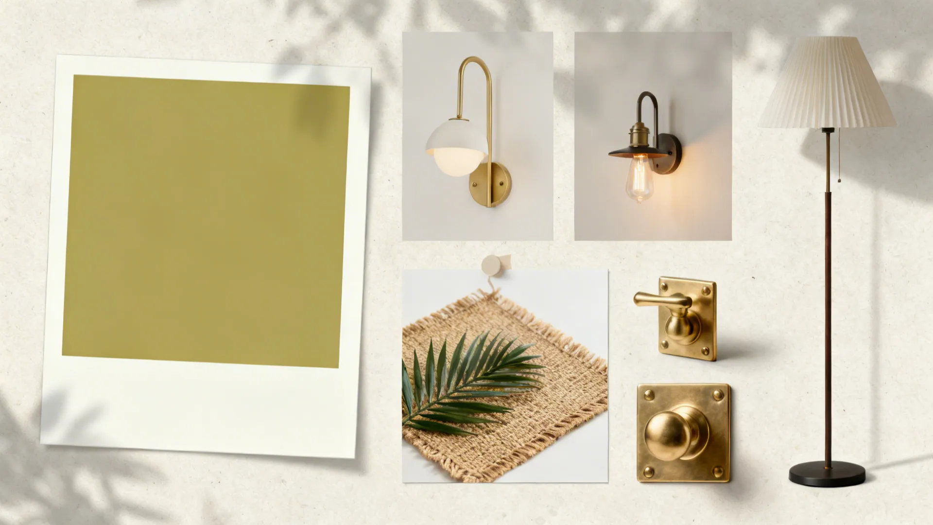 Mood board collage with sage paint swatches, lighting samples, brass hardware, jute rug and faux plant.