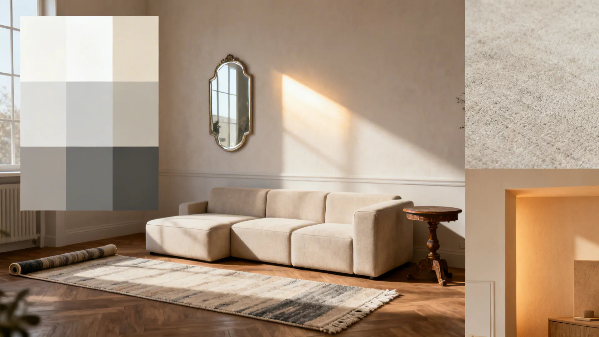 Collage of paint swatches, mirror, modular sectional and rug samples for small living room tips