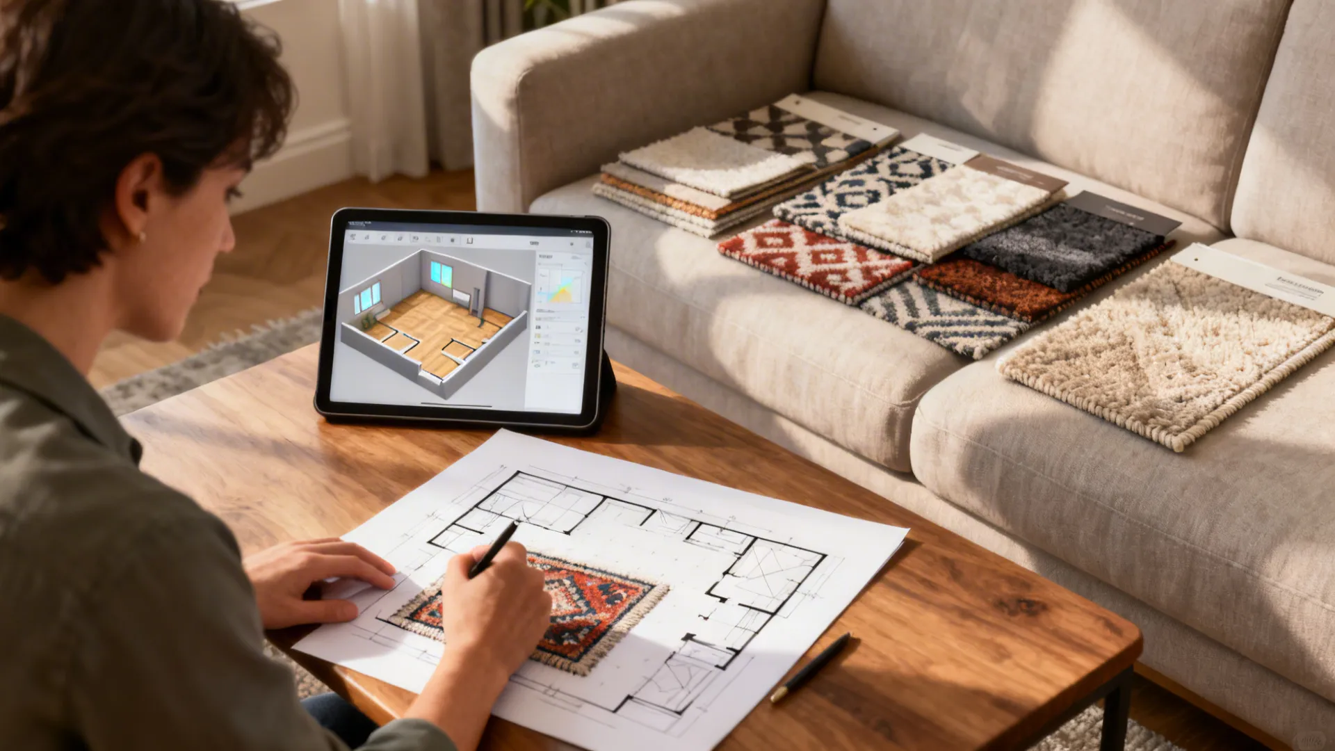 Designer demonstrating rug placement options using a tablet floor planner and physical swatches in a small apartment.