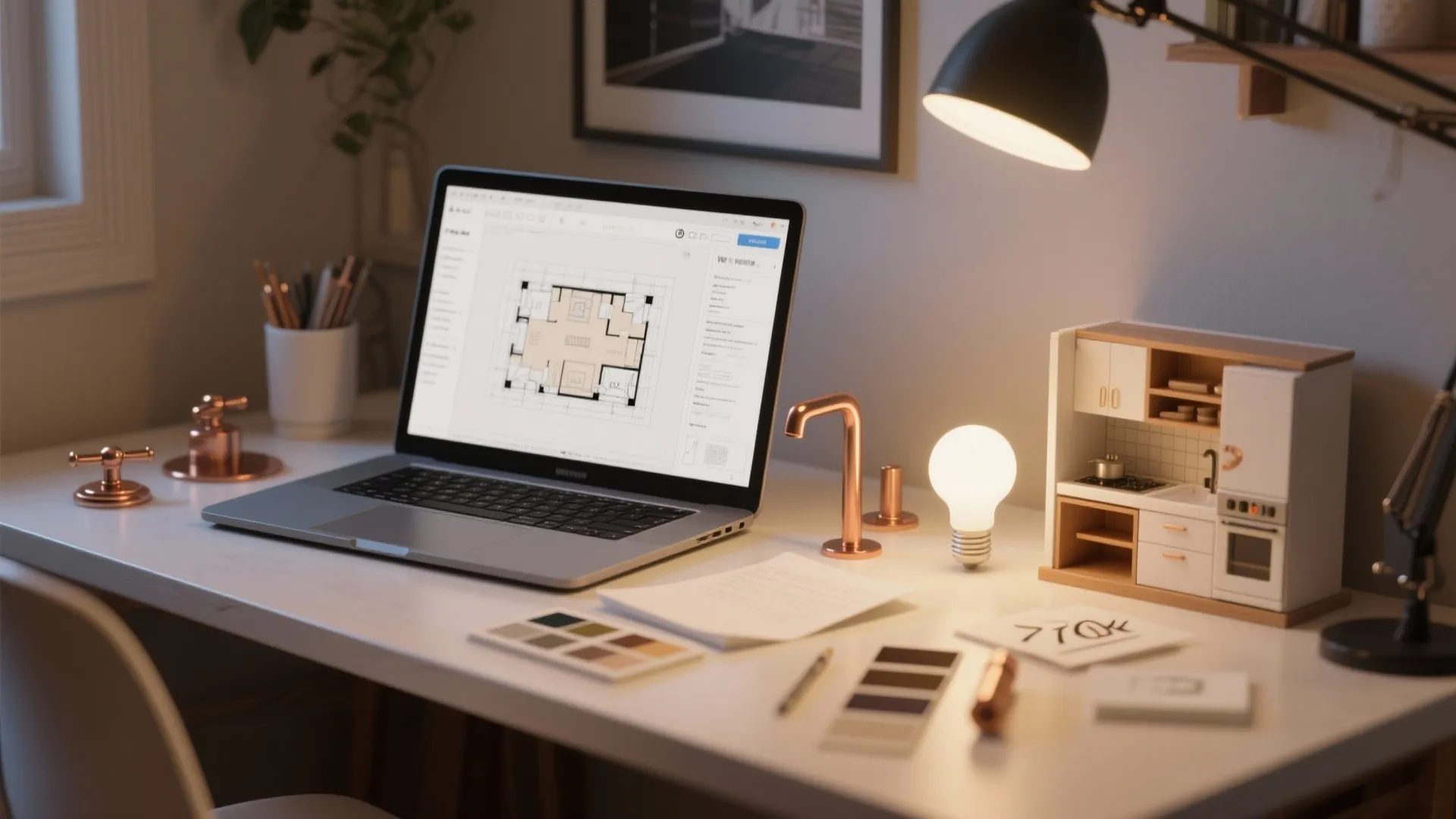 Laptop showing room layout design on desk with lamp small cabinet model and color swatches