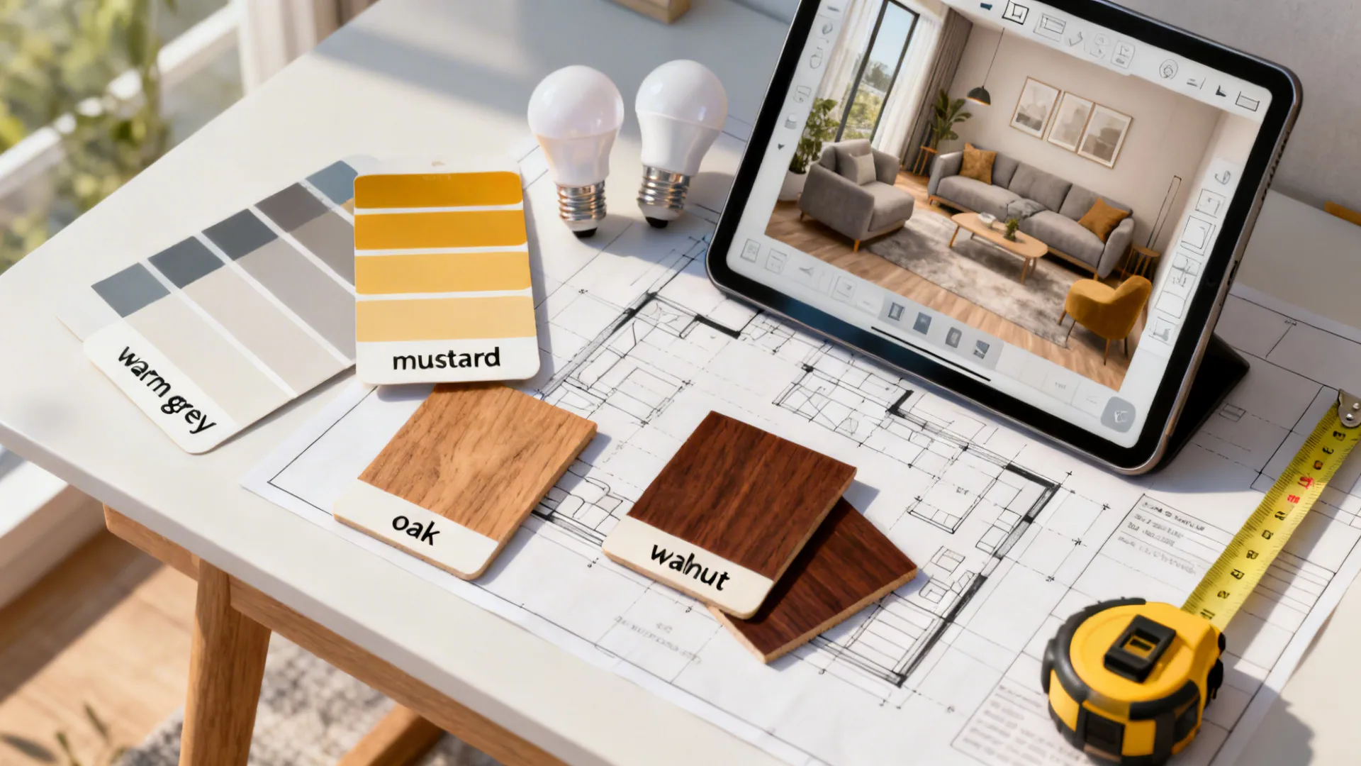 Top-down planner desk with grey and yellow paint swatches, wood tone samples and a tablet showing a 3D room planner.