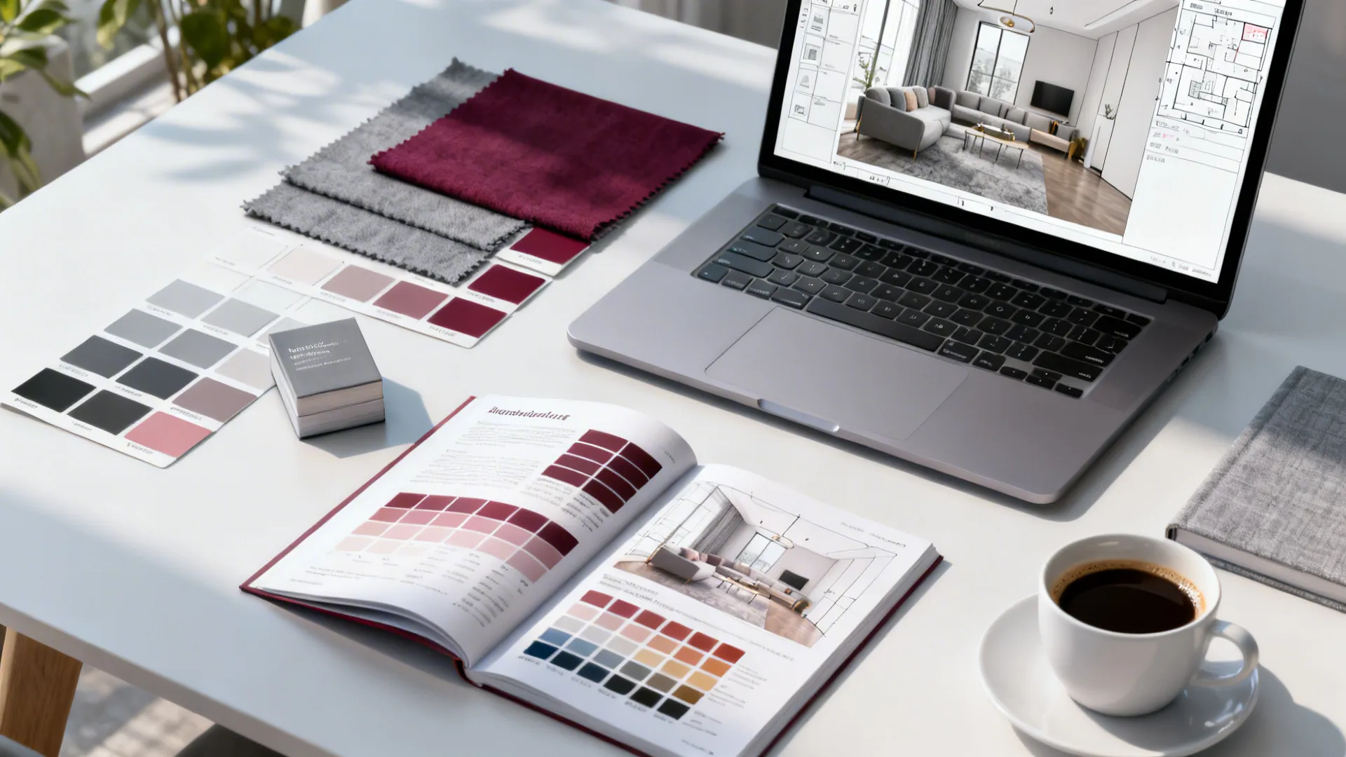 Designer desk with color chips, paint samples, and a room planner open on a laptop.