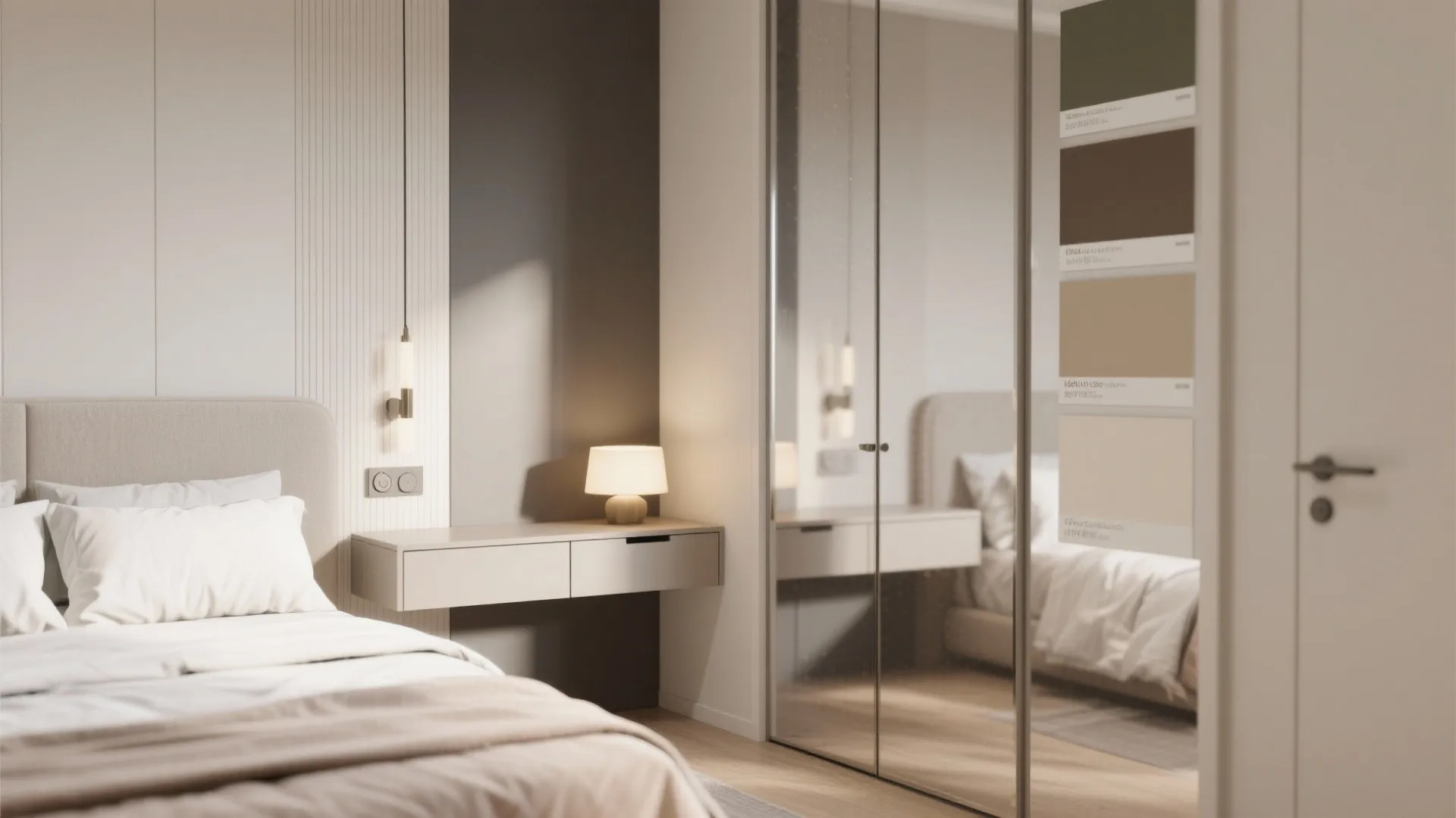 Design detail collage including paint samples, mirror panel, recessed handles and lighting dimmer