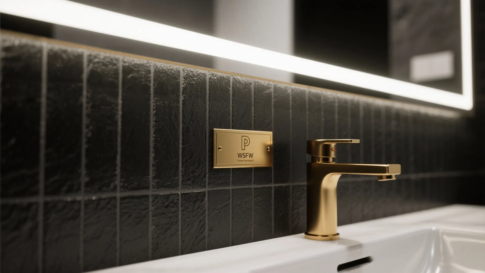 Modern bathroom sink with gold faucet black tiled wall gold plaque and bright led light