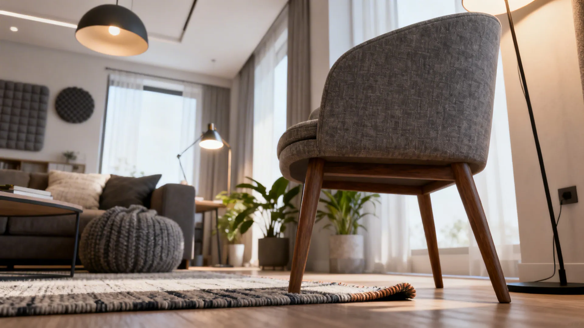 Close up view of grey chair and patterned rug with floor lamp and ceiling light