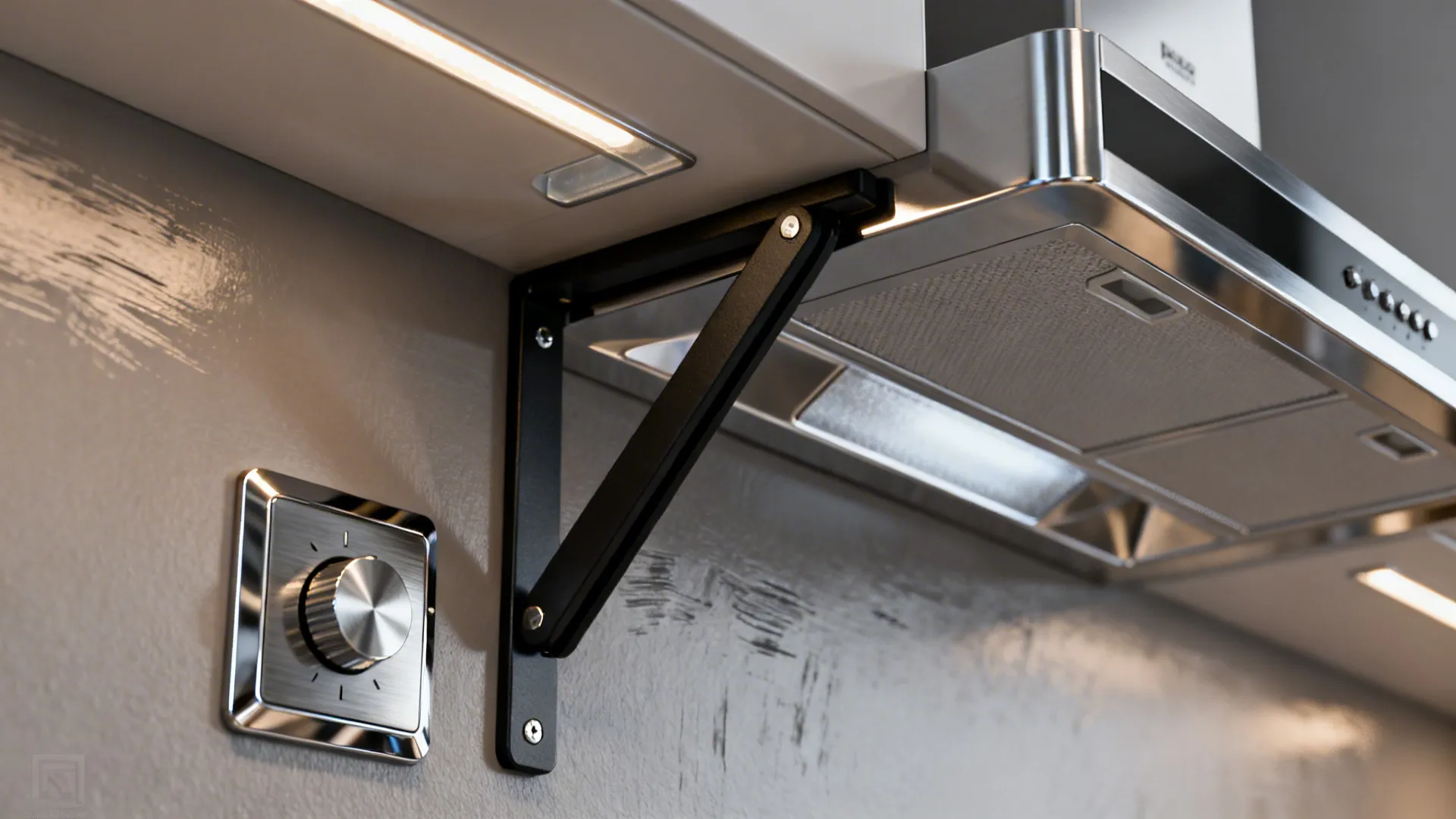Close-up of small-space solutions: fold-down table hinge, compact hood, dimmer switch and material textures.