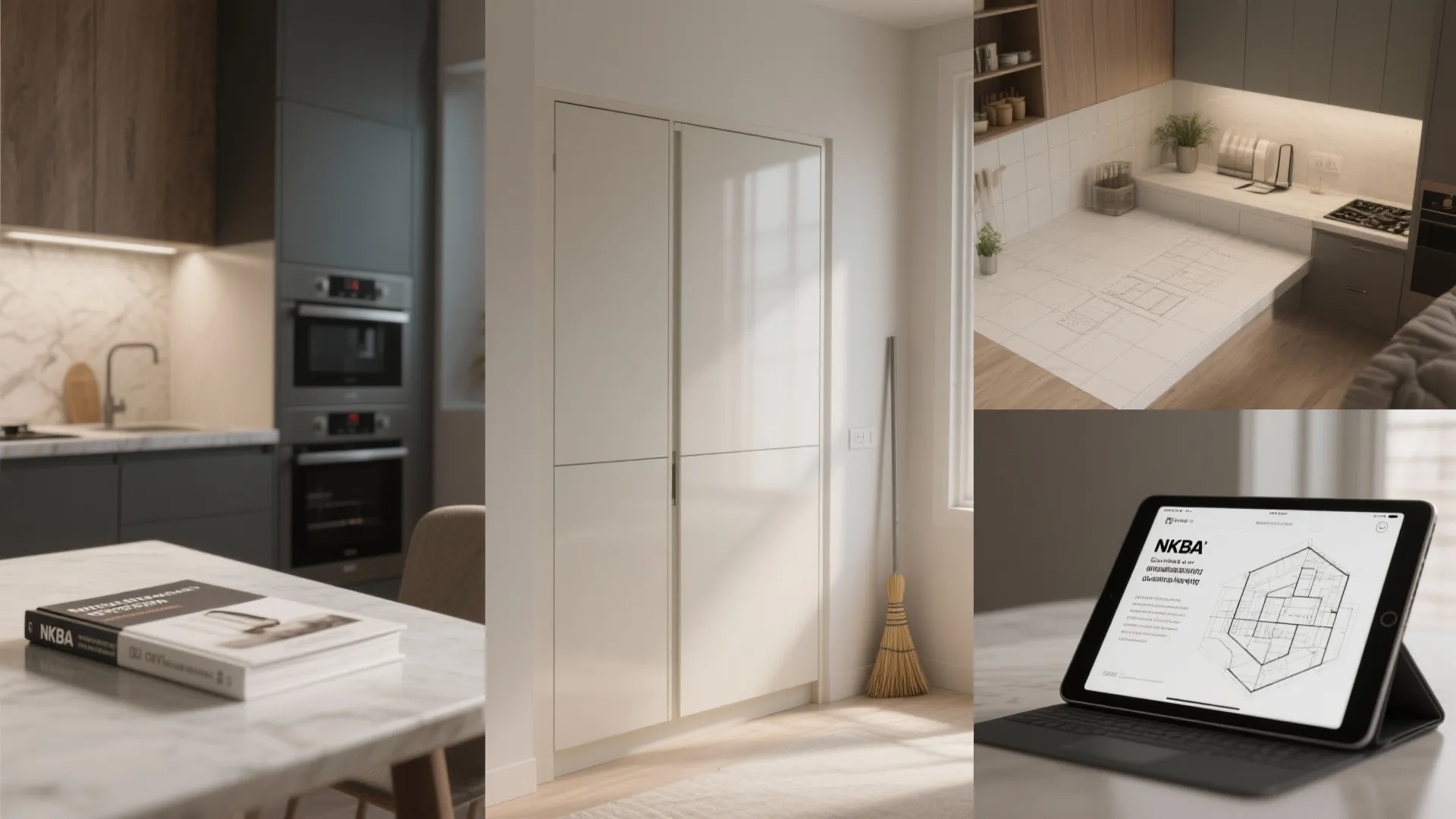 Modern kitchen interior design drawing showing cabinets ovens tablet with floor plan and white table