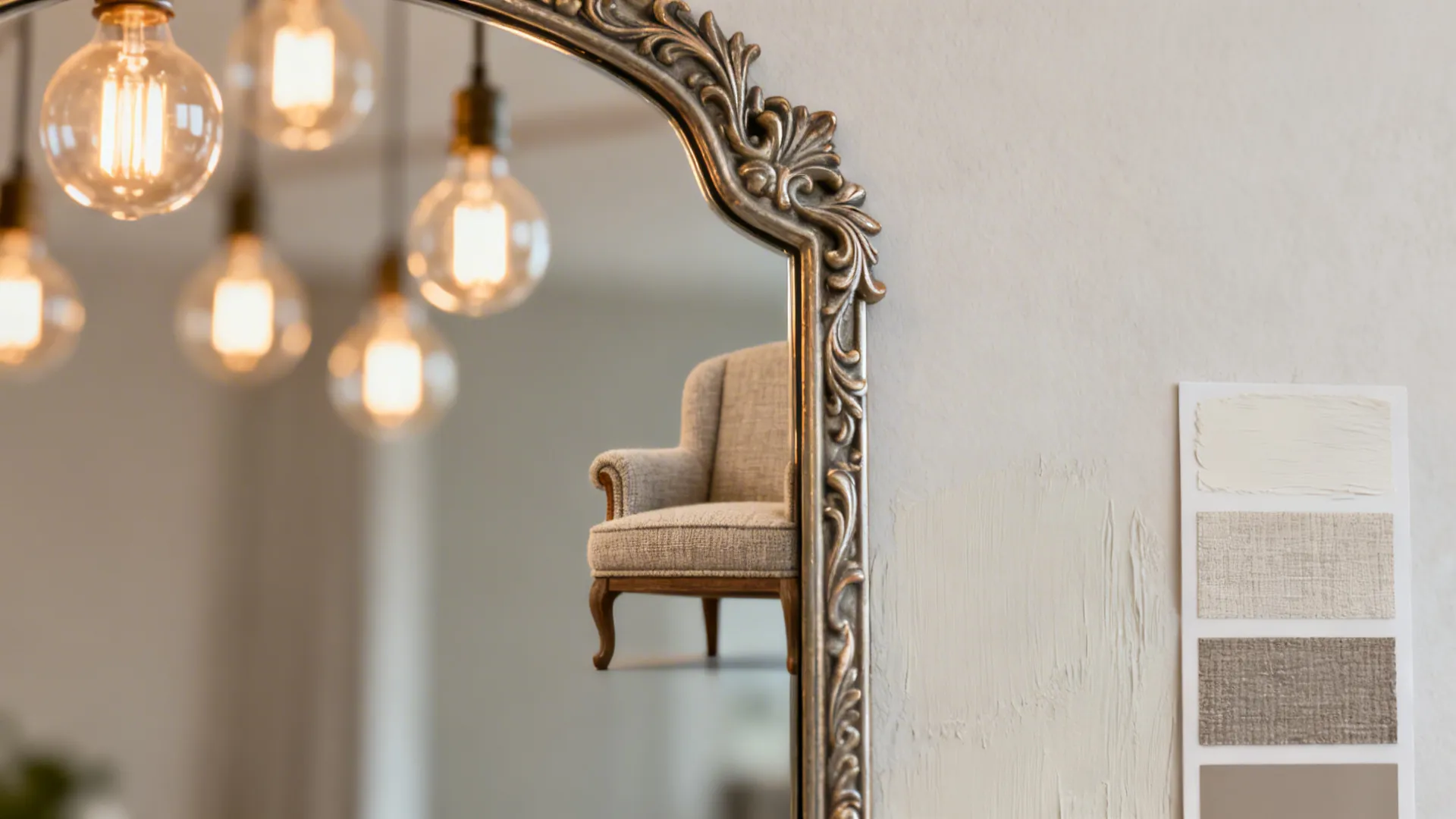 Close-up of paint swatches, mirror edge, and scaled furniture sample illustrating color, reflection, and scale tips.