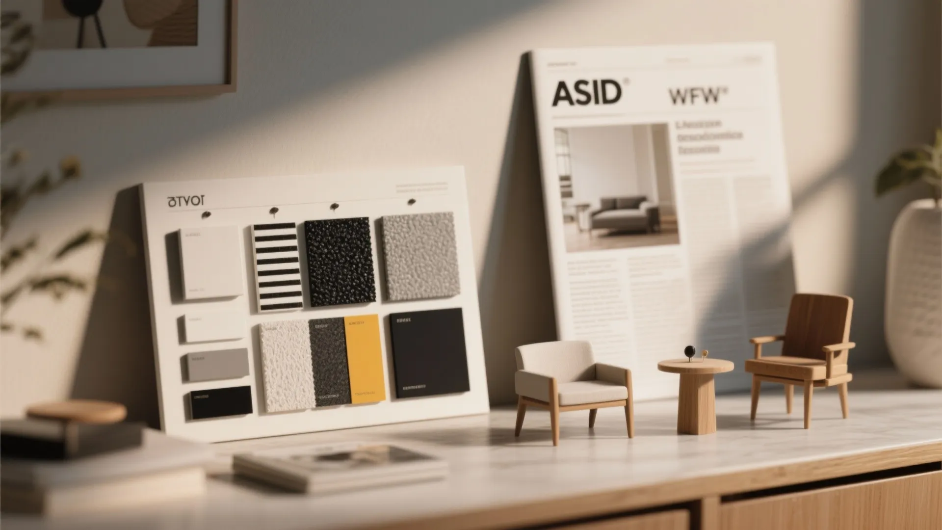 Material board with fabric samples next to mini furniture models and interior design magazine spread