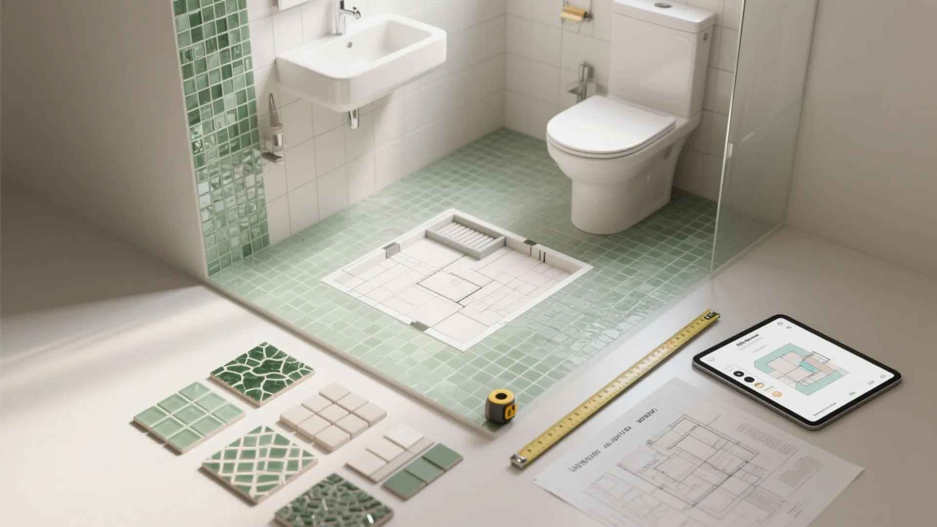 Bathroom interior design with green tiles, white toilet, floor plan drawings, tablet, and measuring tape