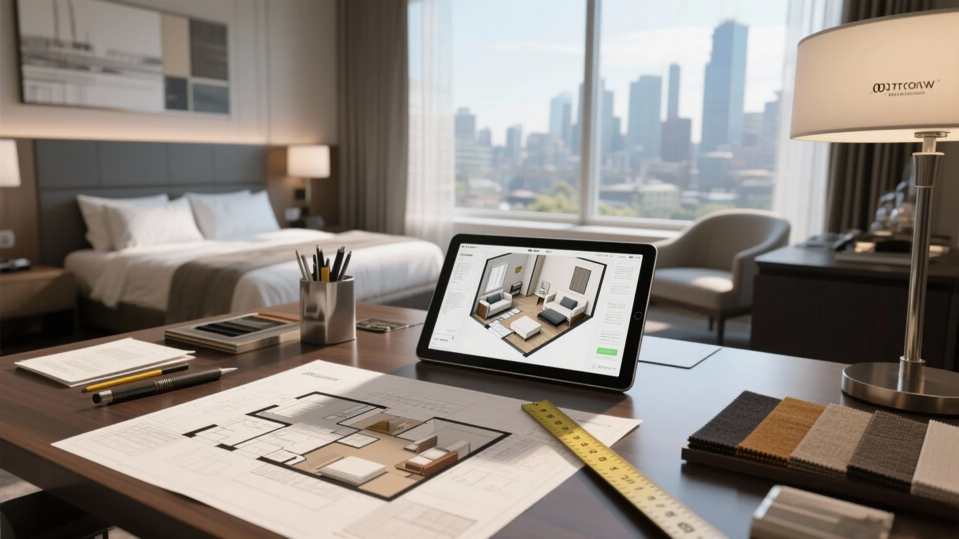 Designer workspace with 3D floor plans and material swatches for hotel suite planning in Seattle.