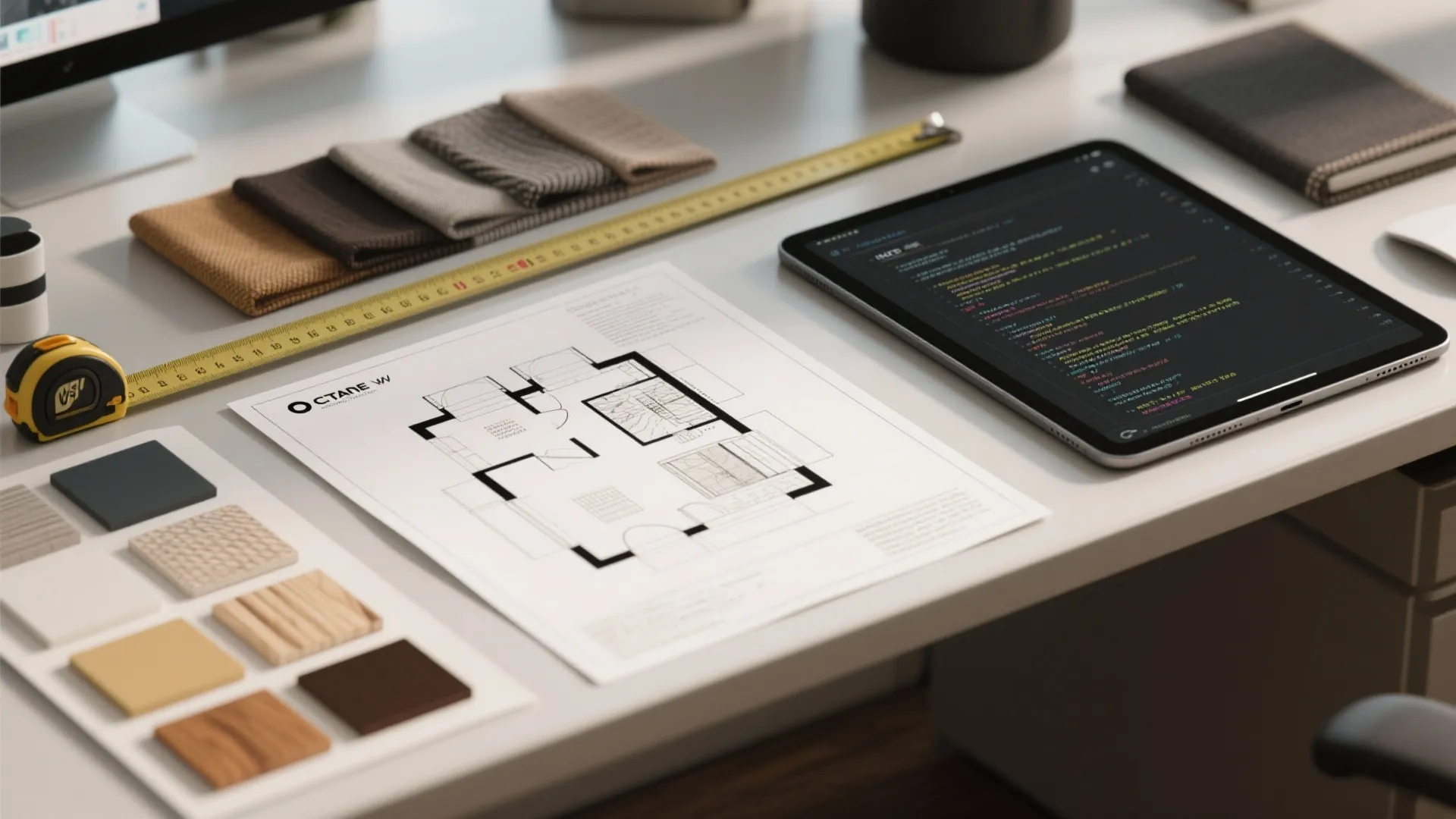 Desk with floor plan drawing tablet material samples and measuring tape for interior design planning