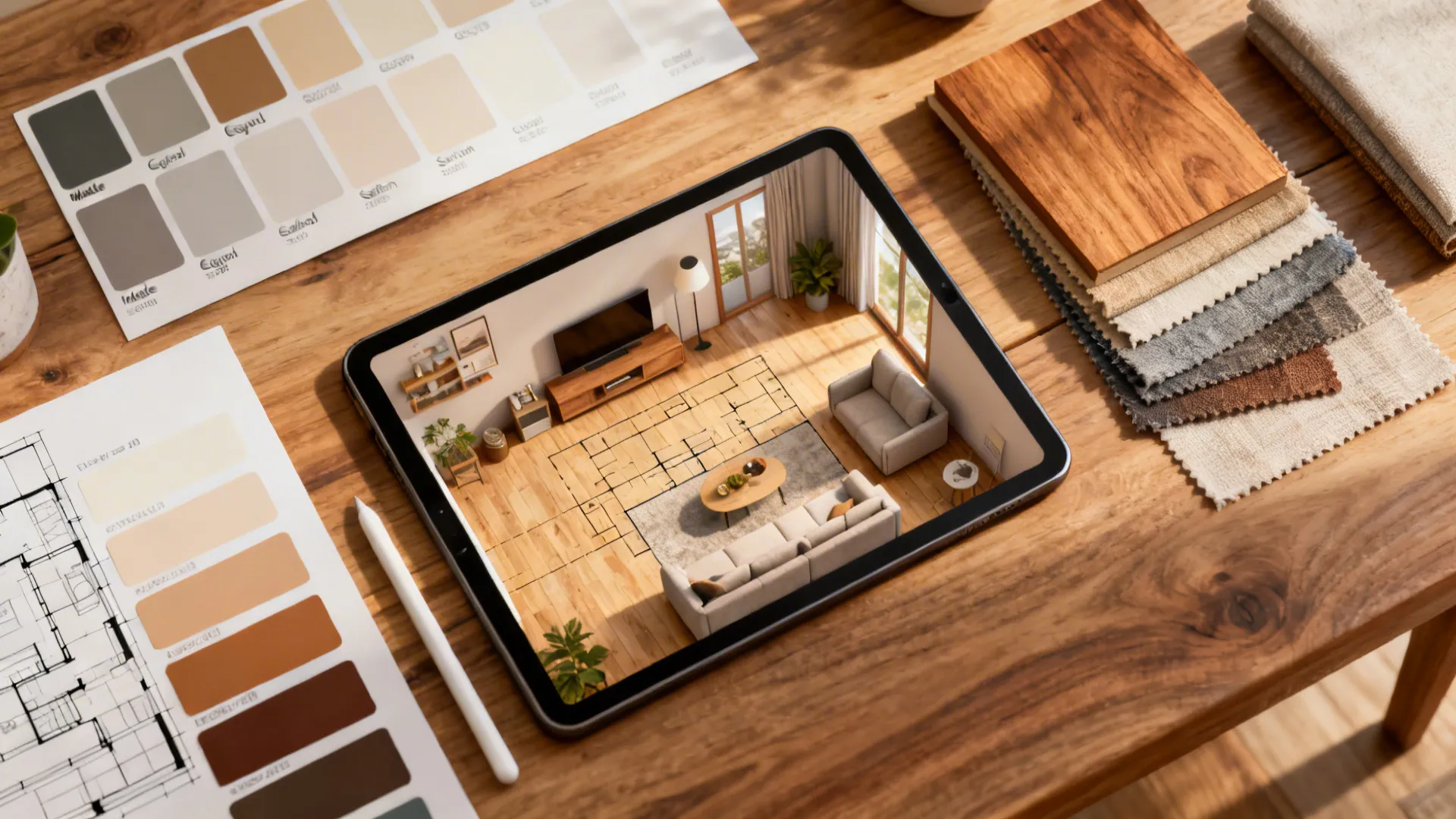Top-down view of paint swatches, finish samples and a tablet showing a 3D floor planner for gray wall planning.
