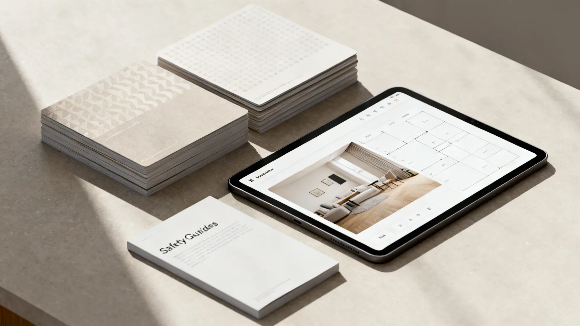 Tablet showing a room planner next to design reference cards and a safety guideline booklet