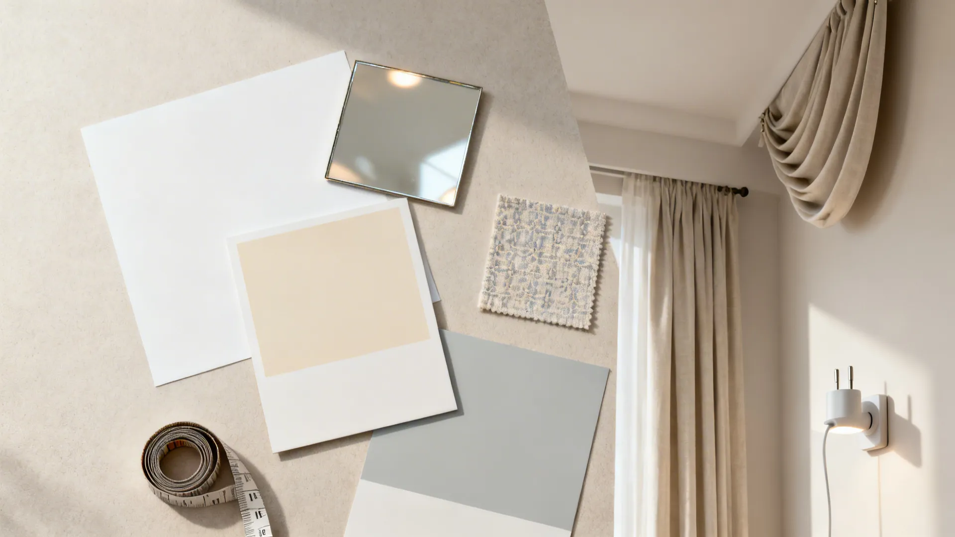 Design samples including paint swatches, textile pattern, mirror fragment and curtain placement tips for small rooms