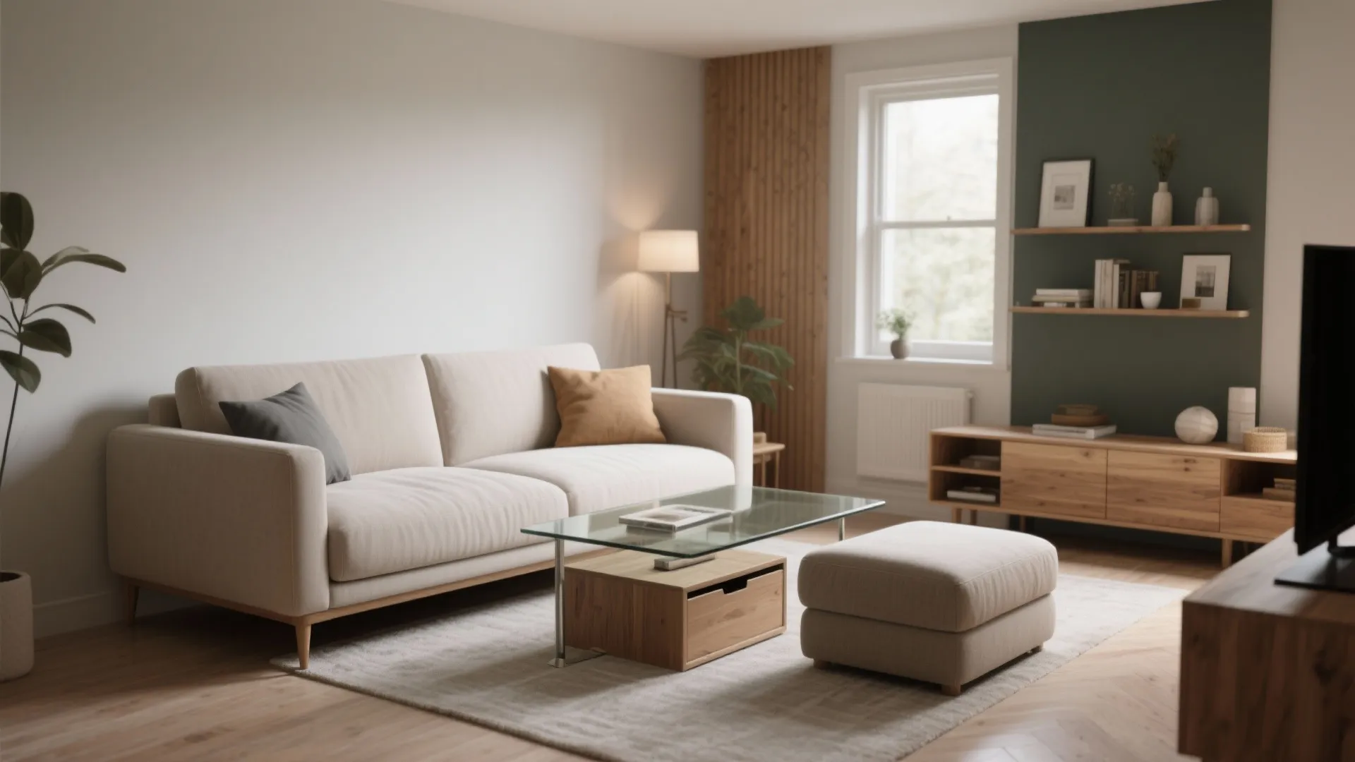 Modern living room featuring cream sofa glass coffee table wood cabinet footrest and green wall