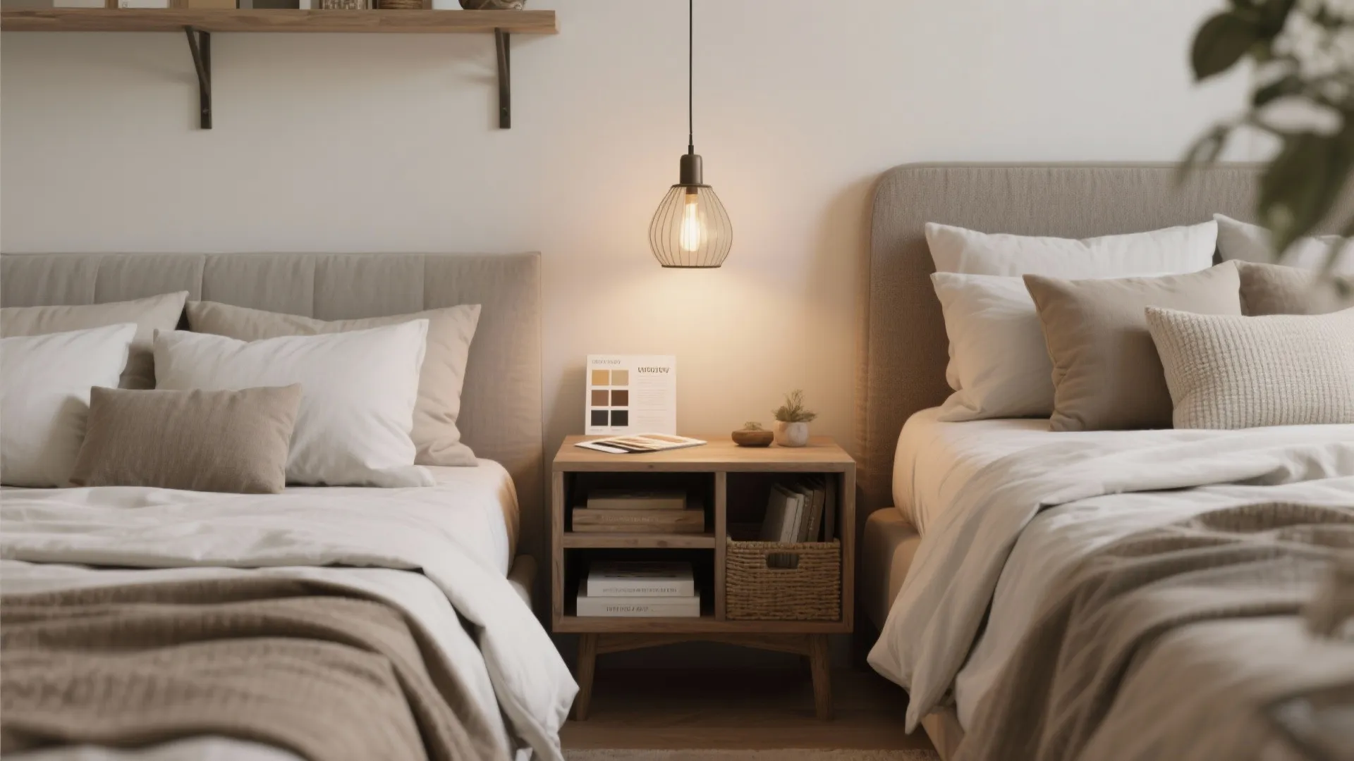 Bedroom vignette with layered neutrals, a statement light and visible storage referencing common Magnolia-style design FAQs.