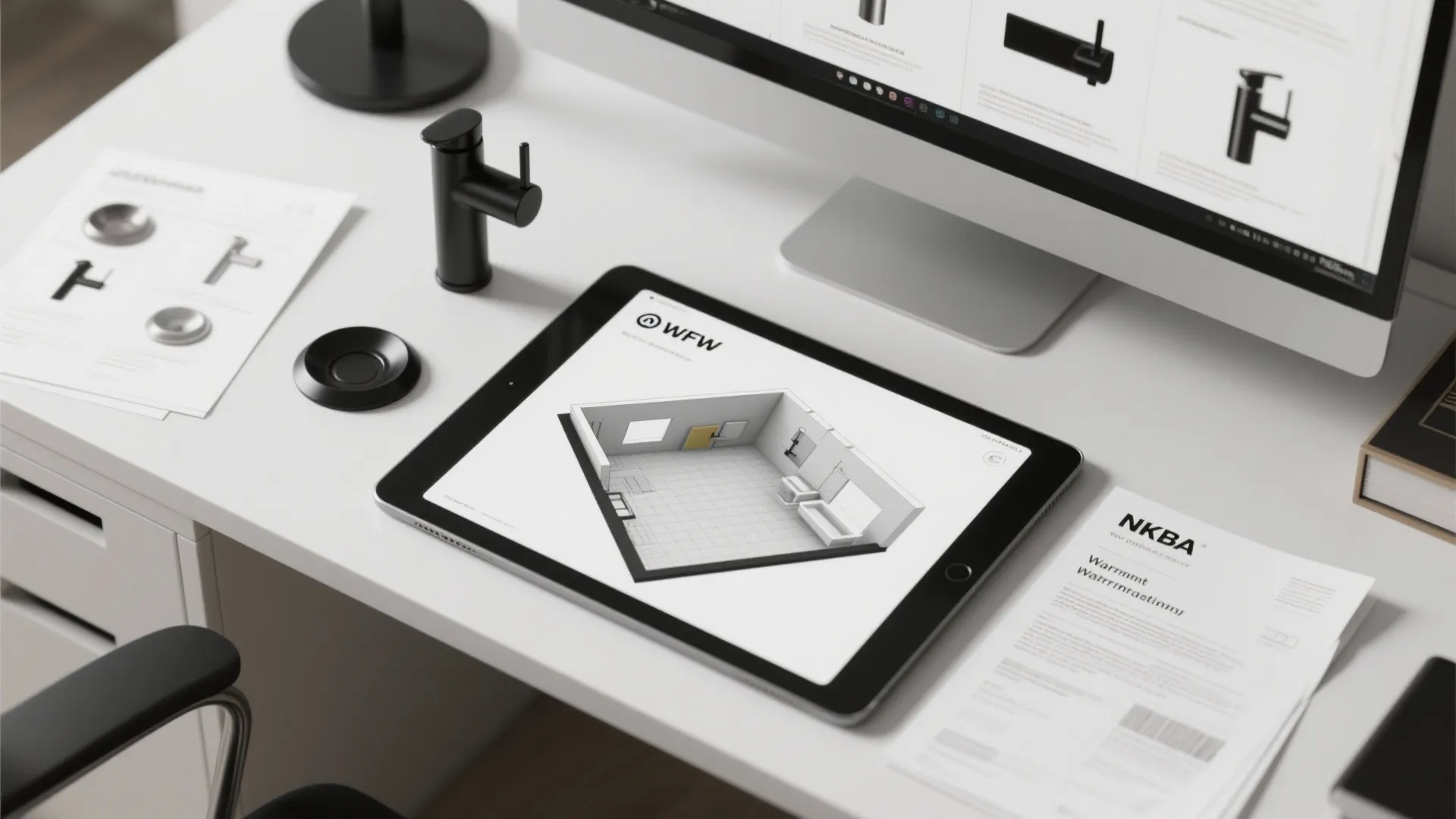 Designer desk with a tablet showing a 3D kitchen planner, a matte black faucet sample, and informational brochures.