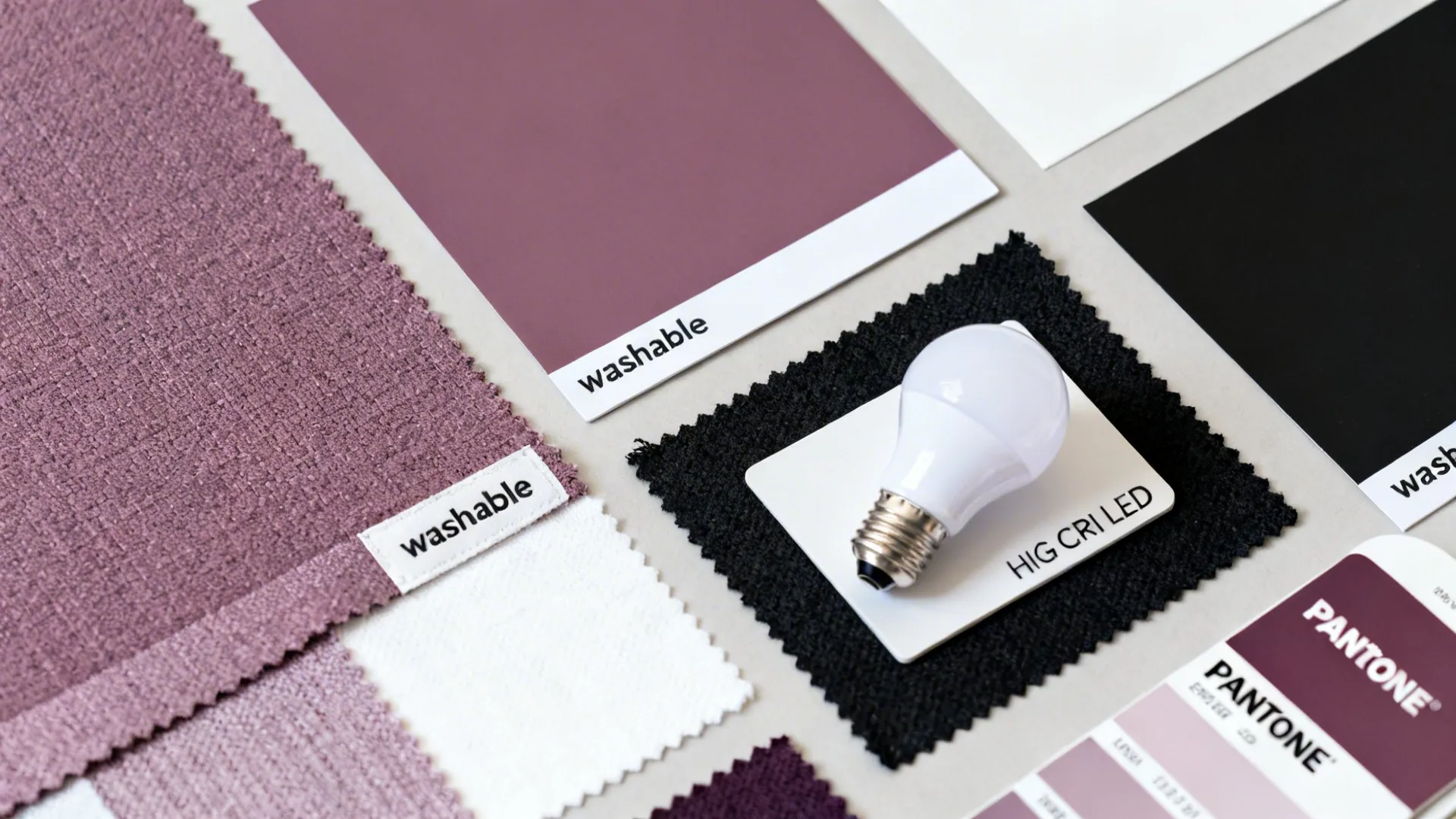 Design vignette with muted plum and white color chips, washable fabric swatches and a high-CRI LED sample