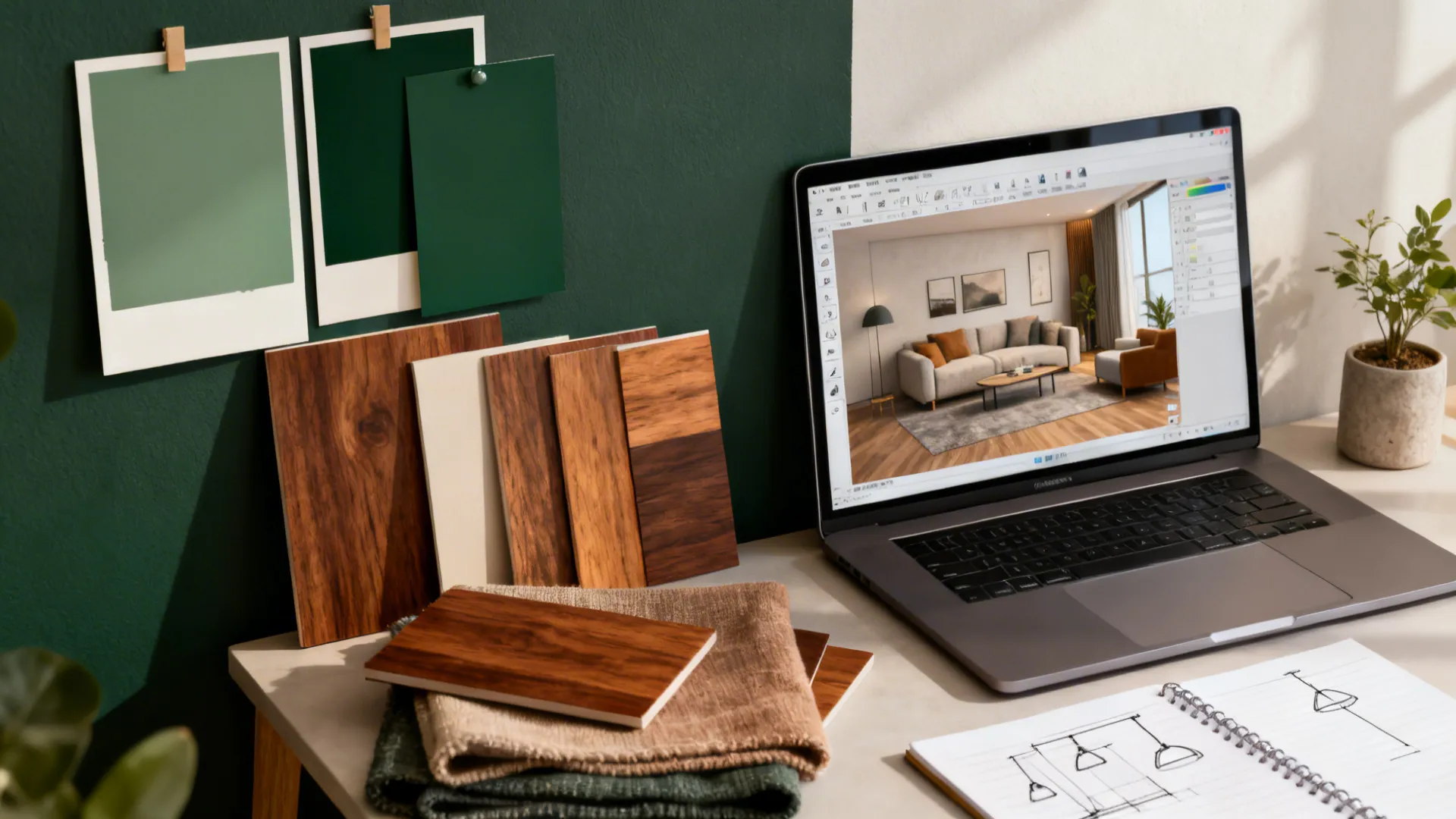 Design vignette with paint swatches, wood samples and a 3D planner on a laptop for green-and-brown schemes.