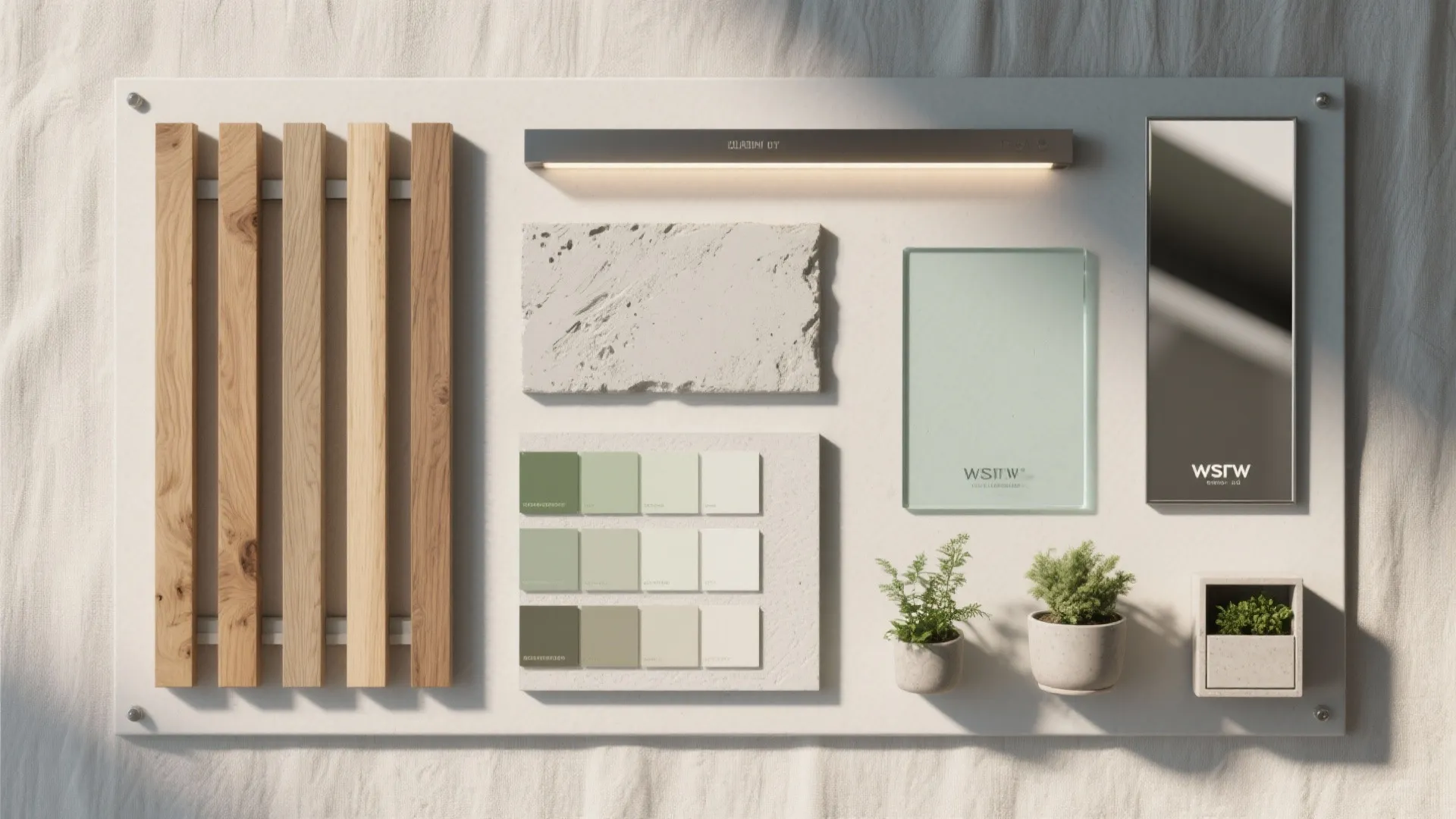 Mood board showing wood panel stone samples green color palette glass mirror and small plants