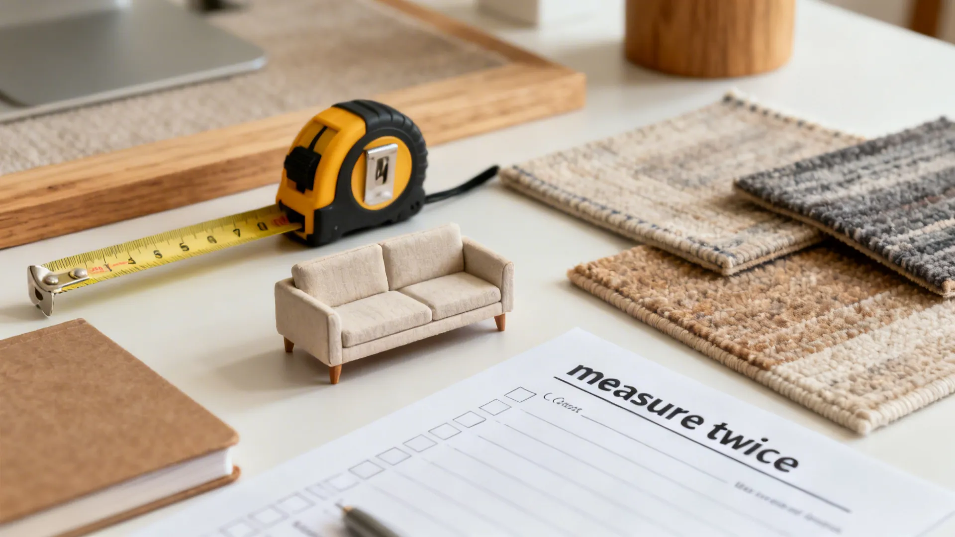Designer desk with measuring tape, sofa model, rug samples and a 'measure twice' checklist.