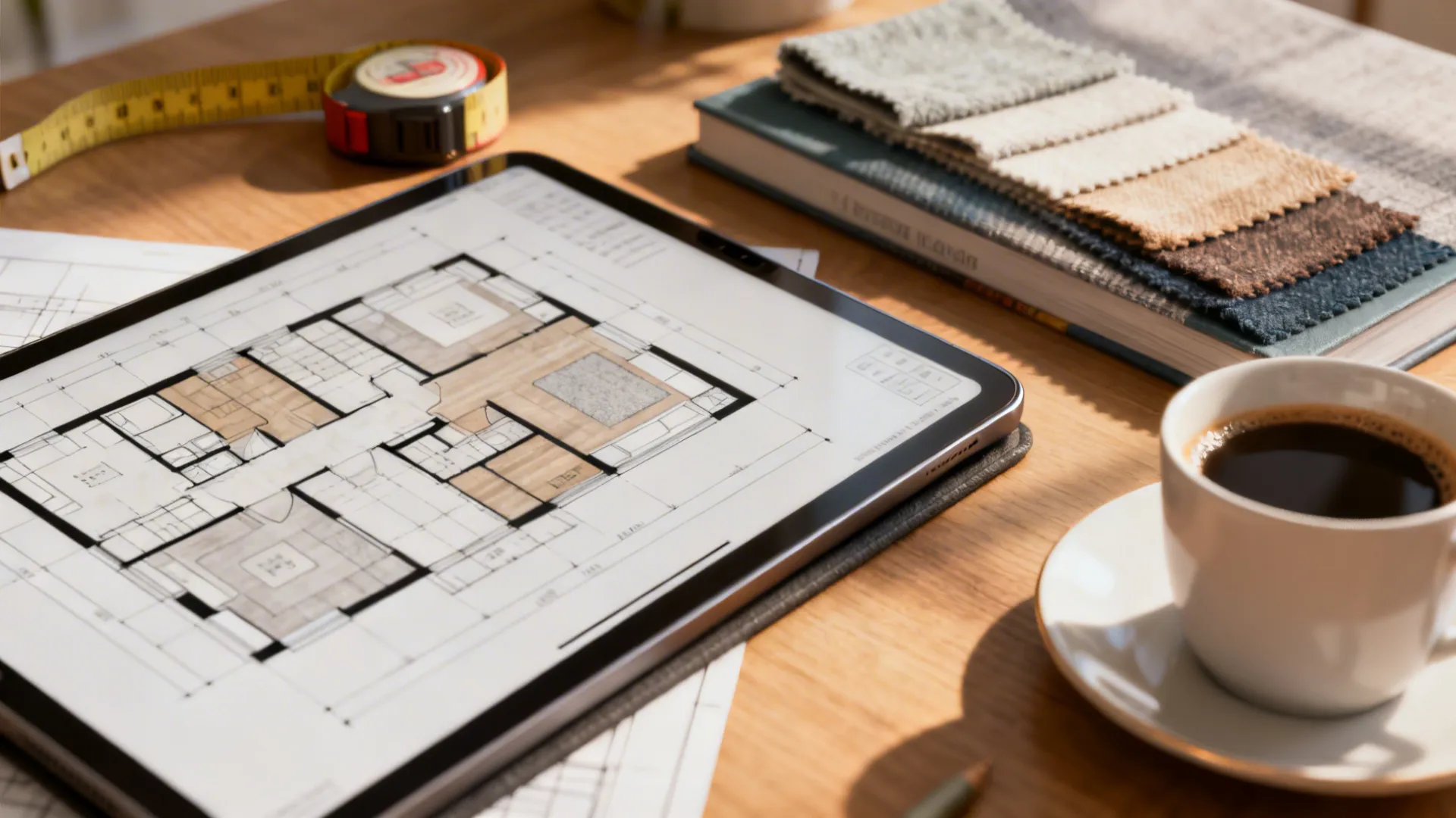 Designer desk with a tablet floor planner, fabric samples, and measuring tape for sectional planning.