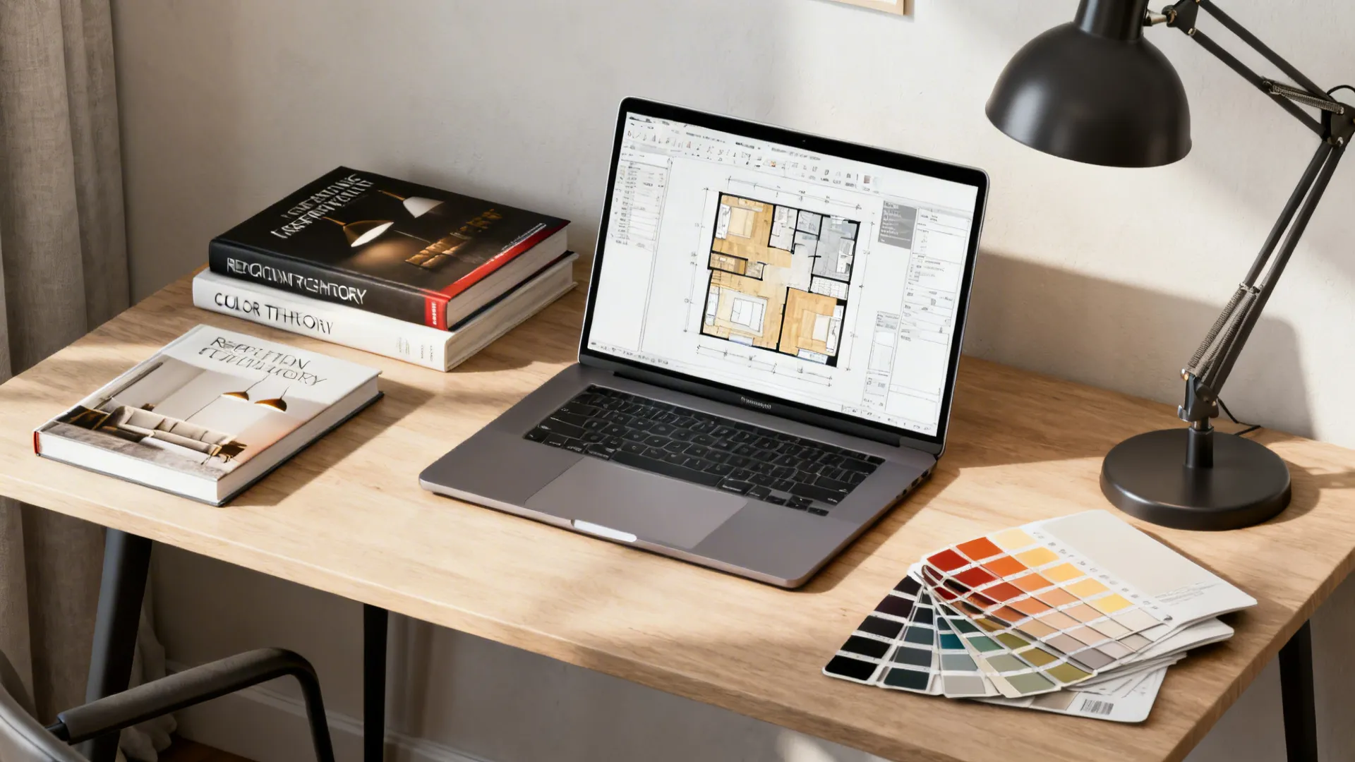 Designer desk with lighting and color theory references, laptop with a floor planner, and material swatches