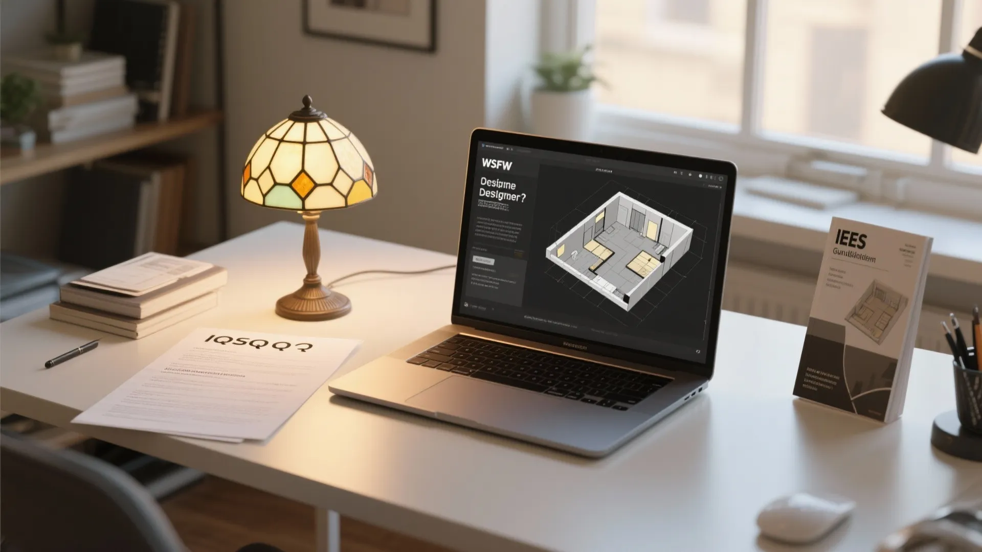 Designer desk with a glowing stained glass lamp, laptop with floor planner, and lighting guideline booklet