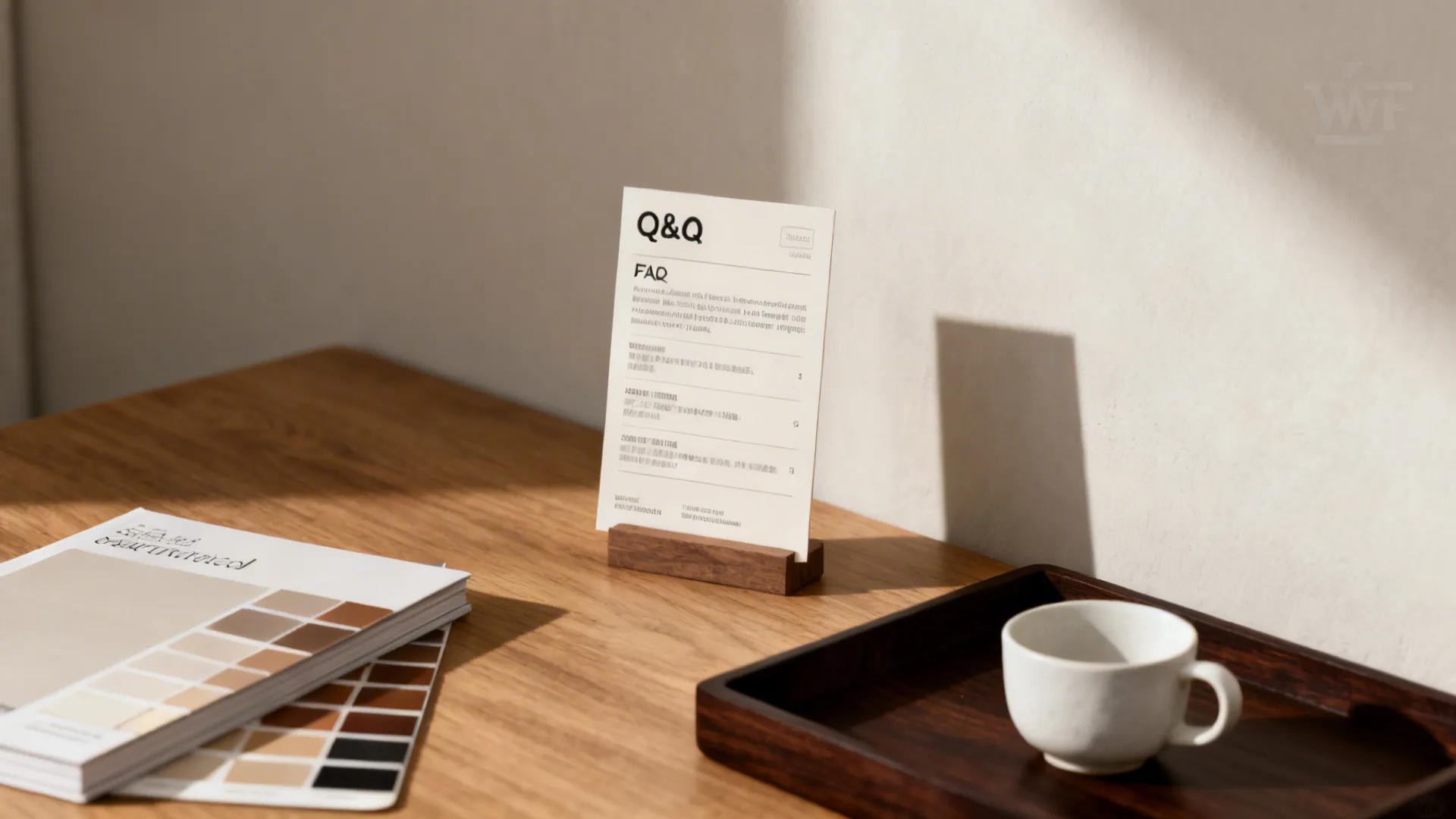 Wooden desk with a white question card color samples and small cup on a tray