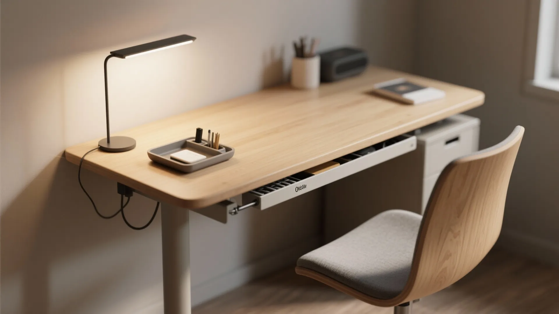 Macro detail of a tidy small desk showing a tray, slim lamp, and under-desk cable organizer.