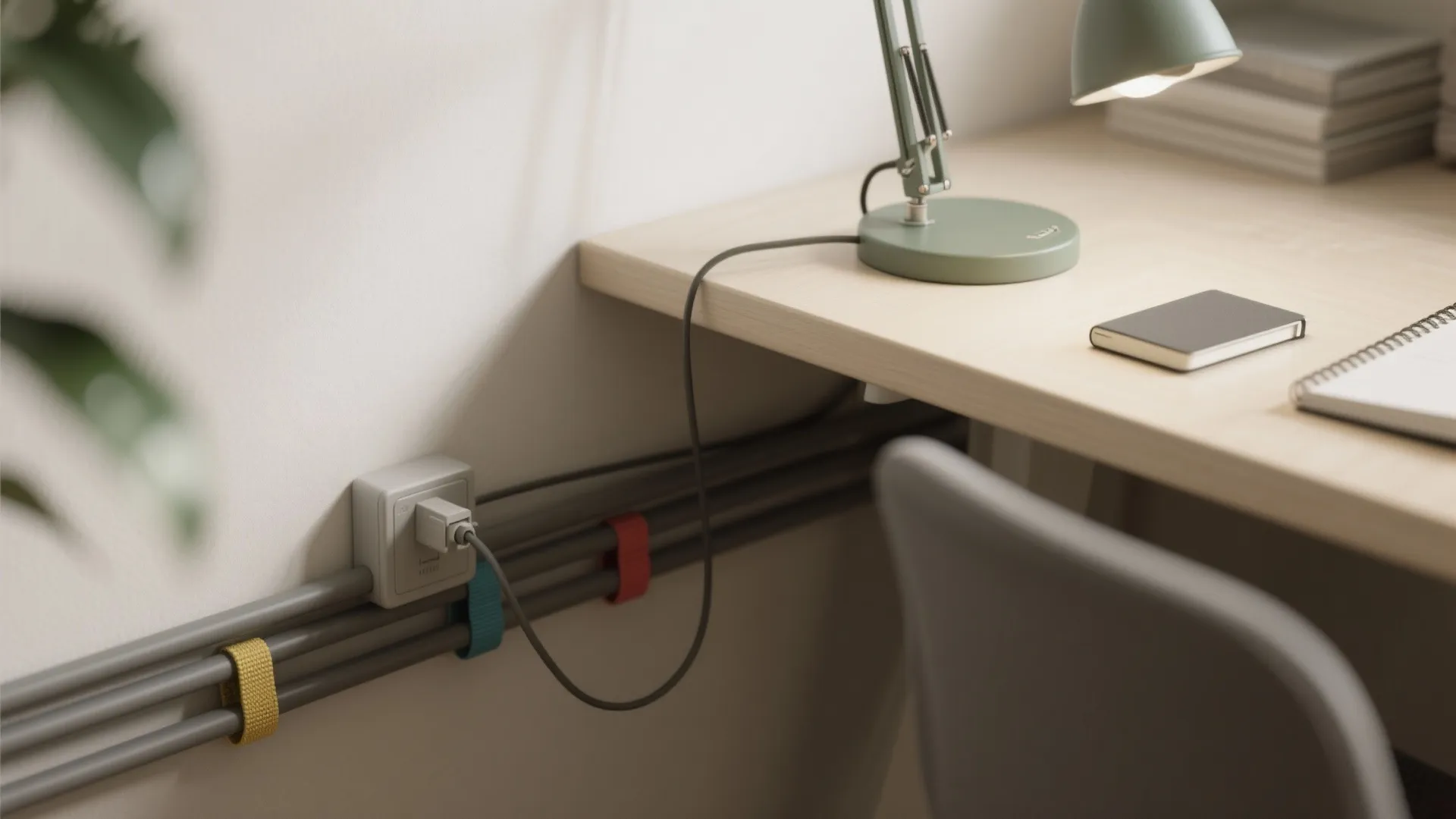 Close up of organized office desk with green table lamp notebook and neat cable management