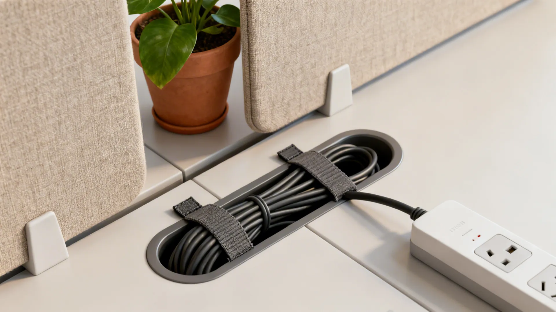 Close-up of desk grommet, cable ties, power strip and a small privacy screen used in living-room workspaces.