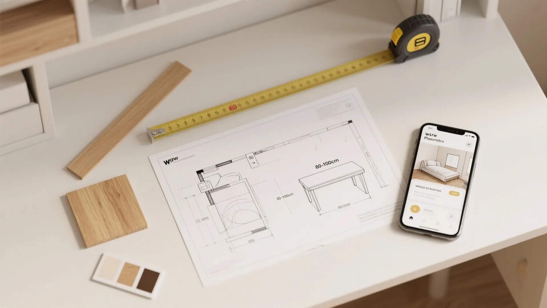 White desk with interior design drawing measuring tape smartphone and wood material samples in view