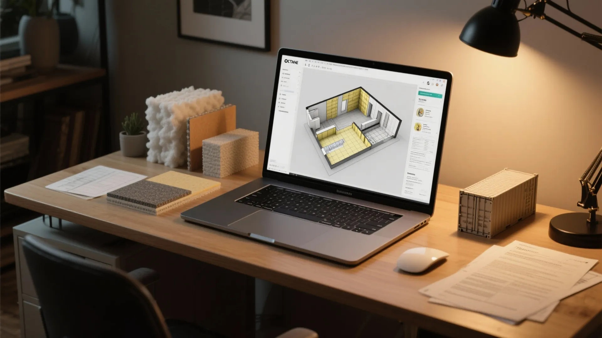 Designer desk with 3D floor planner, insulation samples and a small container model illustrating FAQs