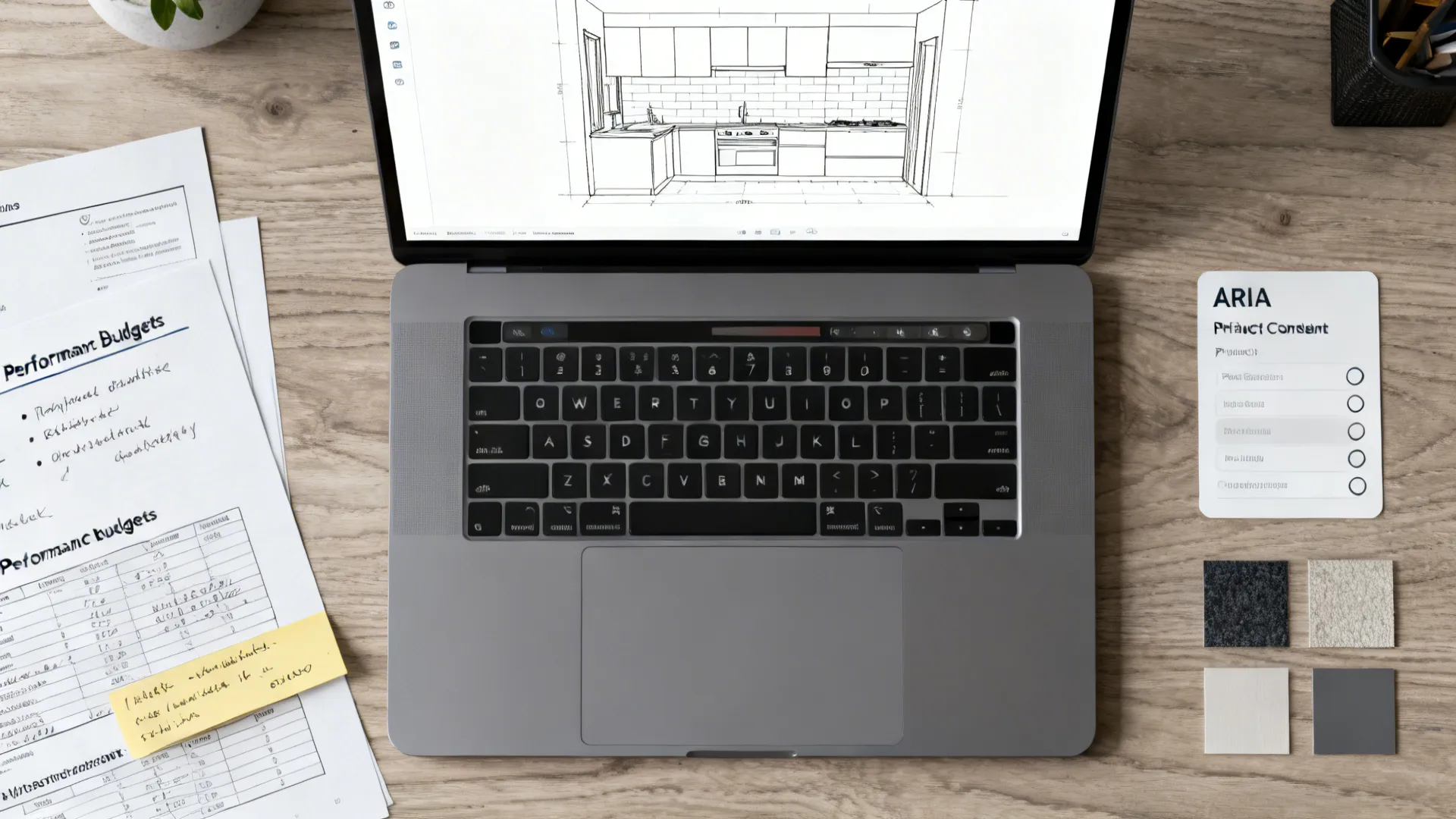 Top-down desk with a laptop showing a 2D plan, notes, and material swatches.