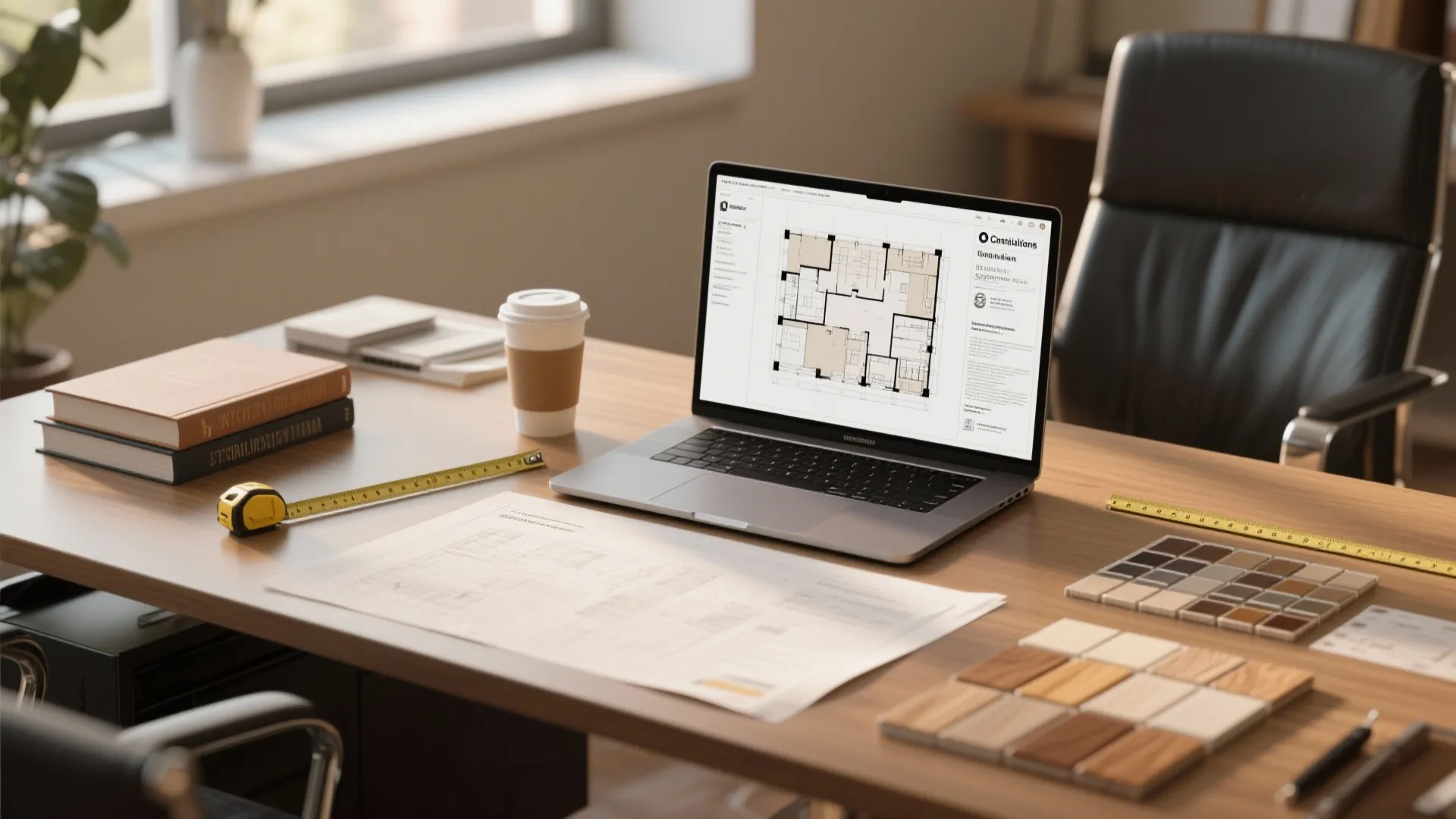 Designer desk with floor planner, material swatches and code book representing practical renovation tips